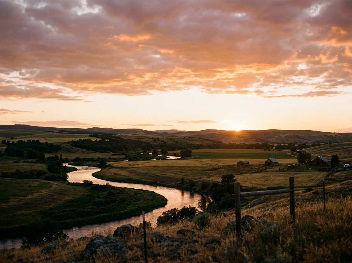 A sunset over rolling hills with a winding river, scattered trees, and a few farm buildings in the distance.