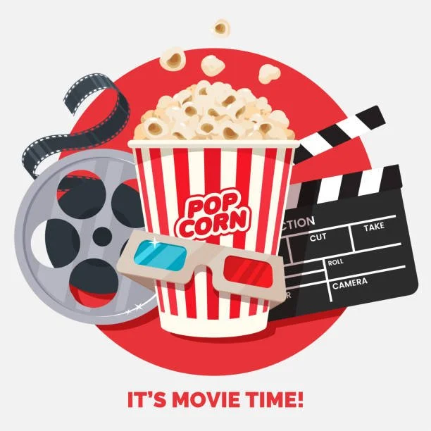 Popcorn bucket, 3D glasses, film reel, and a clapperboard for movie night, with the text 'It's Movie Time!'