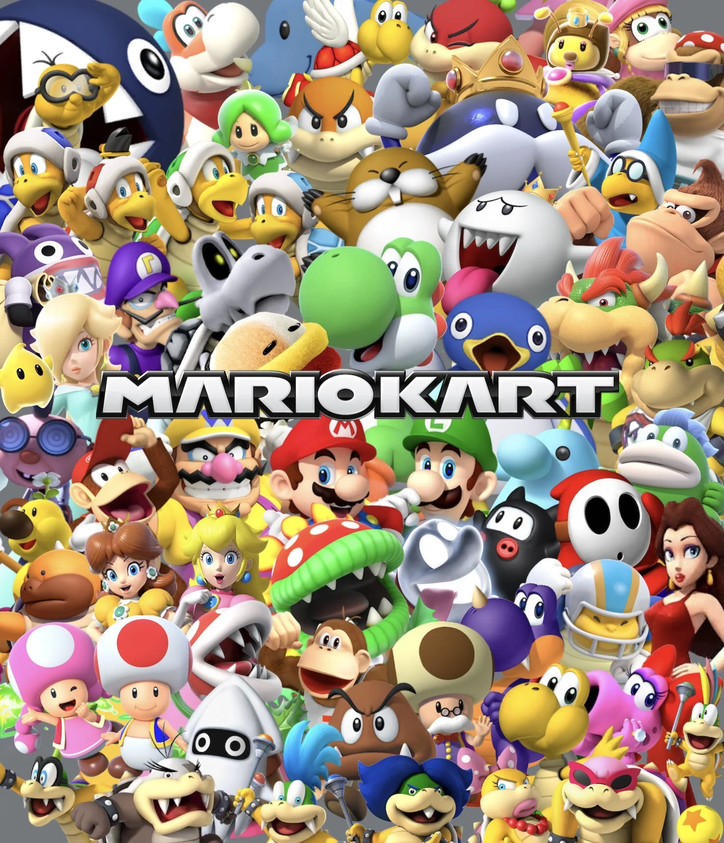 Collage of various characters from the Mario Kart video game series, including Mario, Luigi, Princess Peach, Bowser, and others.