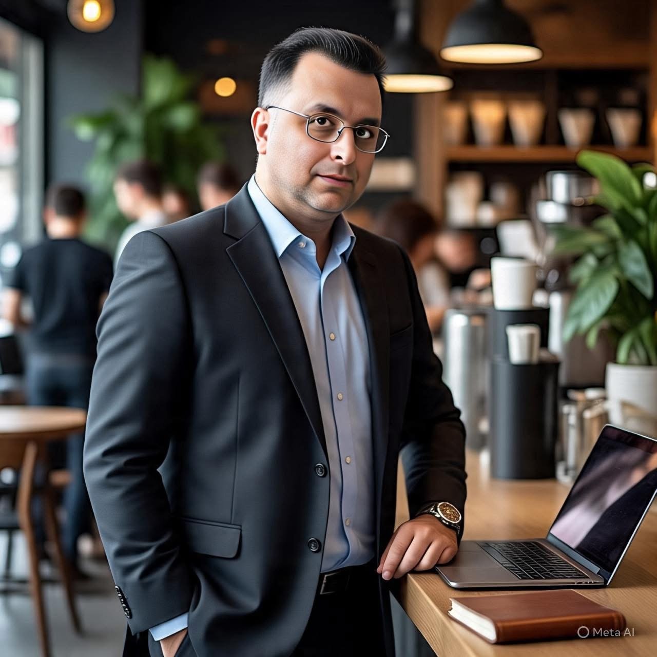 A man in a suit and glasses standing at a bar with a laptop and a closed book, in a modern coffee shop or cafe setting.