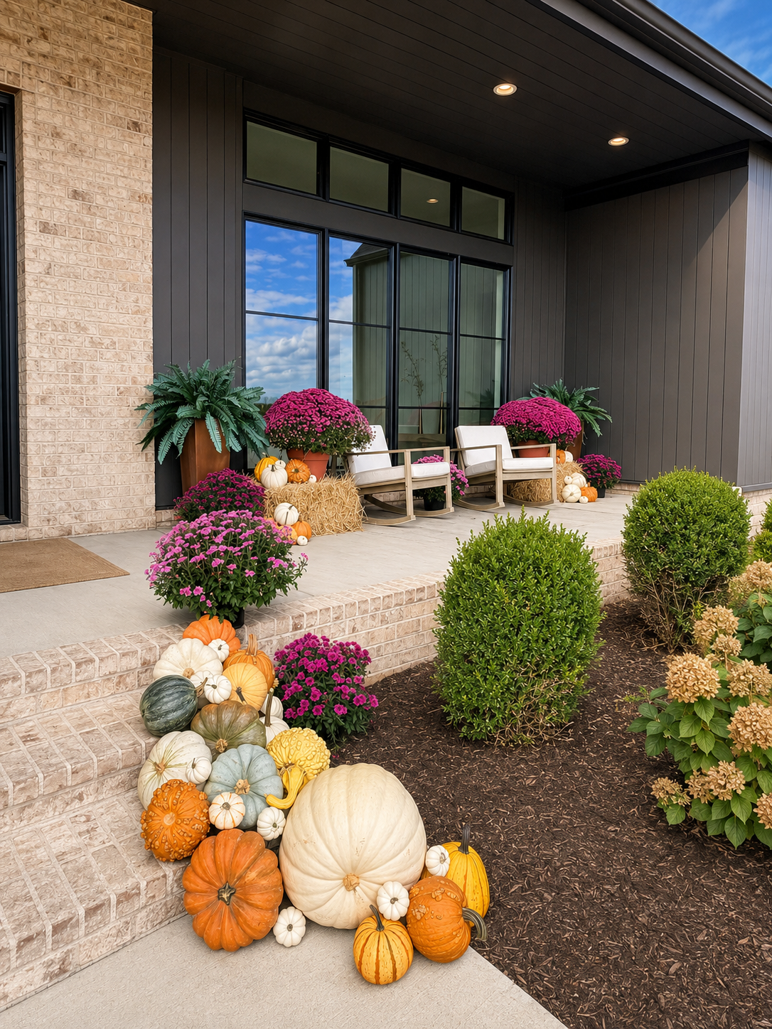 Fall porch display styled with Polar Bear pumpkin by Gourd & Porch, Lexington Kentucky