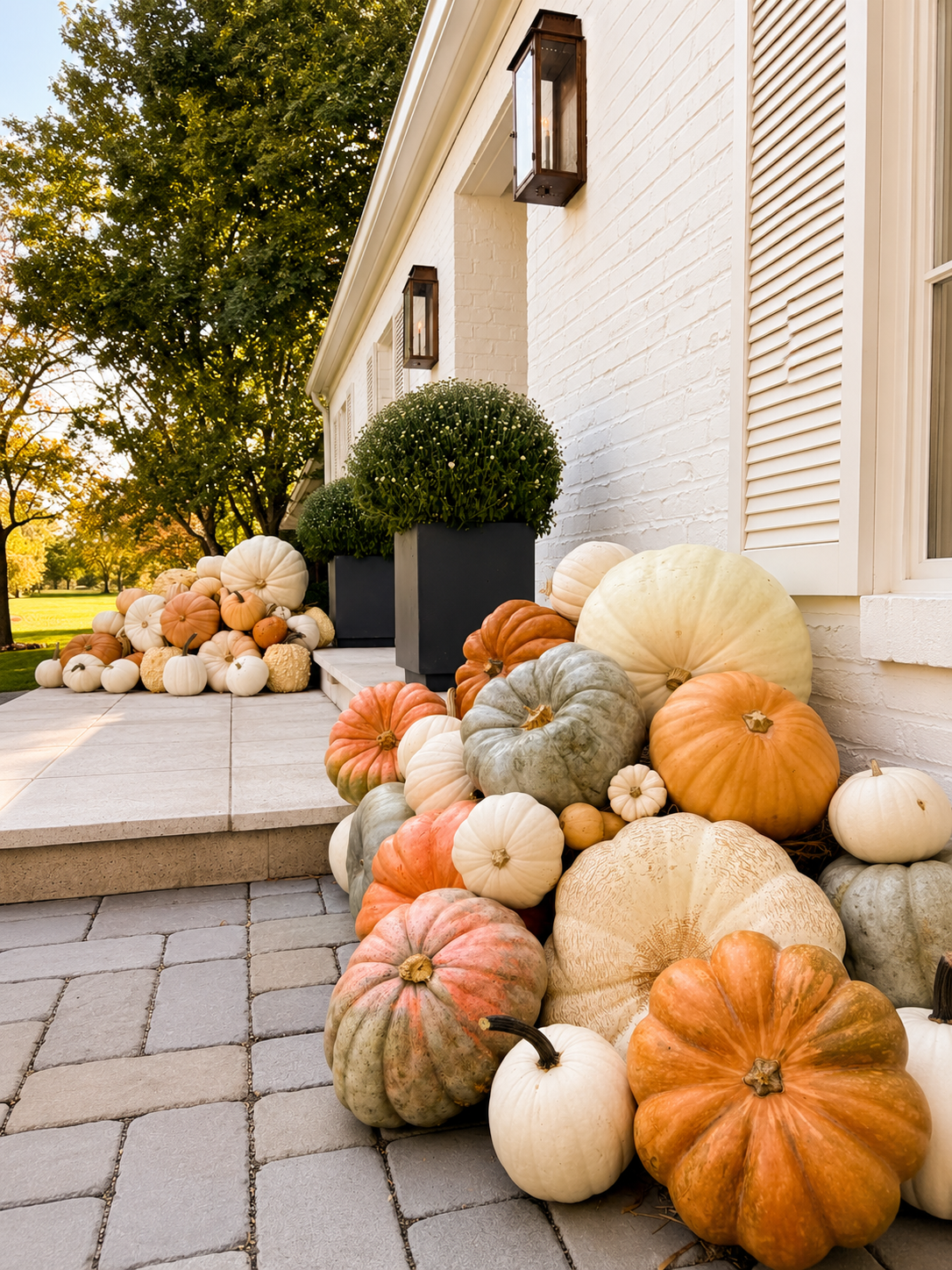 Fall porch display styled with a Polar Bear pumpkins by Gourd & Porch, Lexington Kentucky