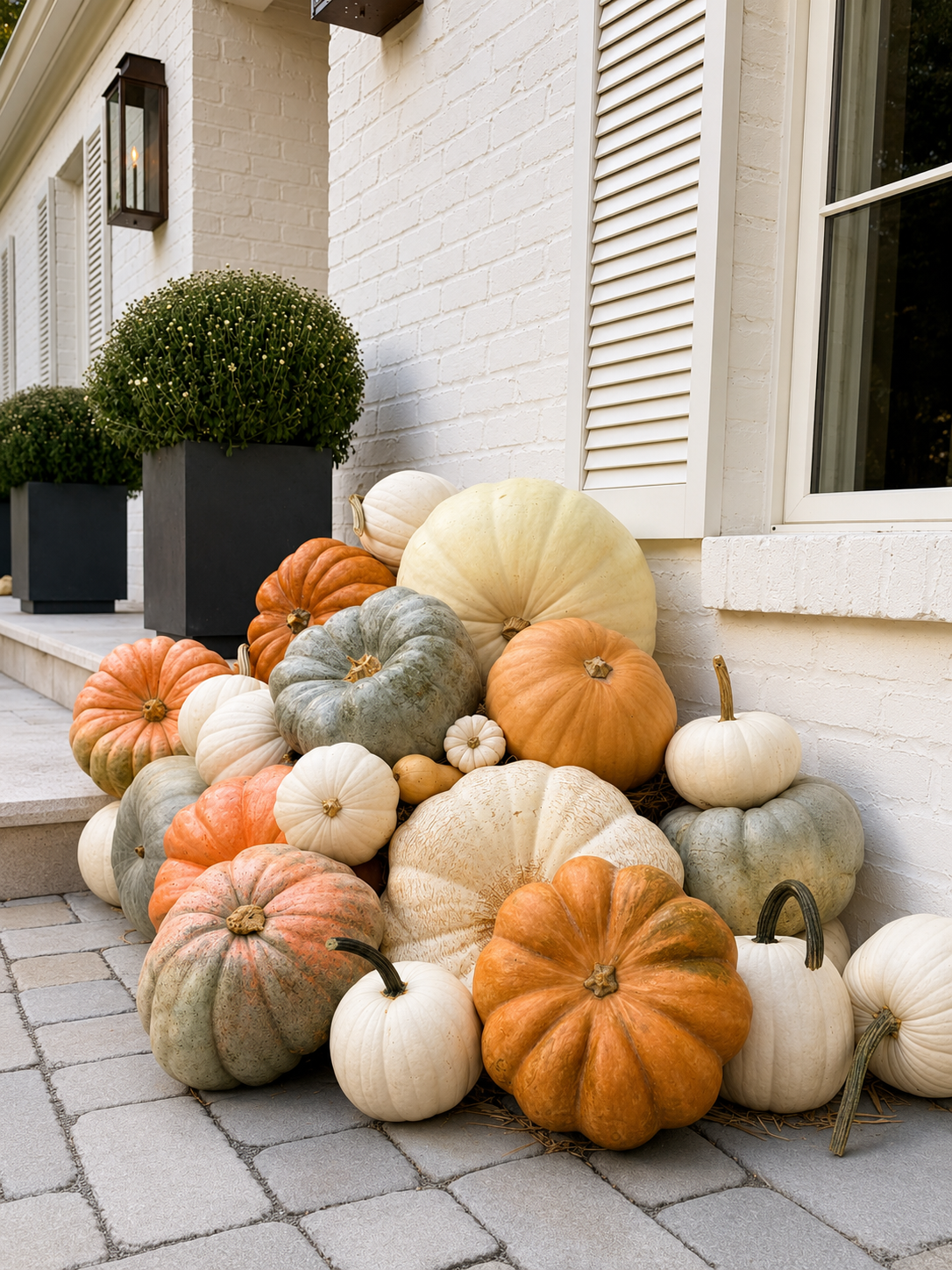 Fall porch display styled with a Polar Bear pumpkin by Gourd & Porch, Lexington Kentucky