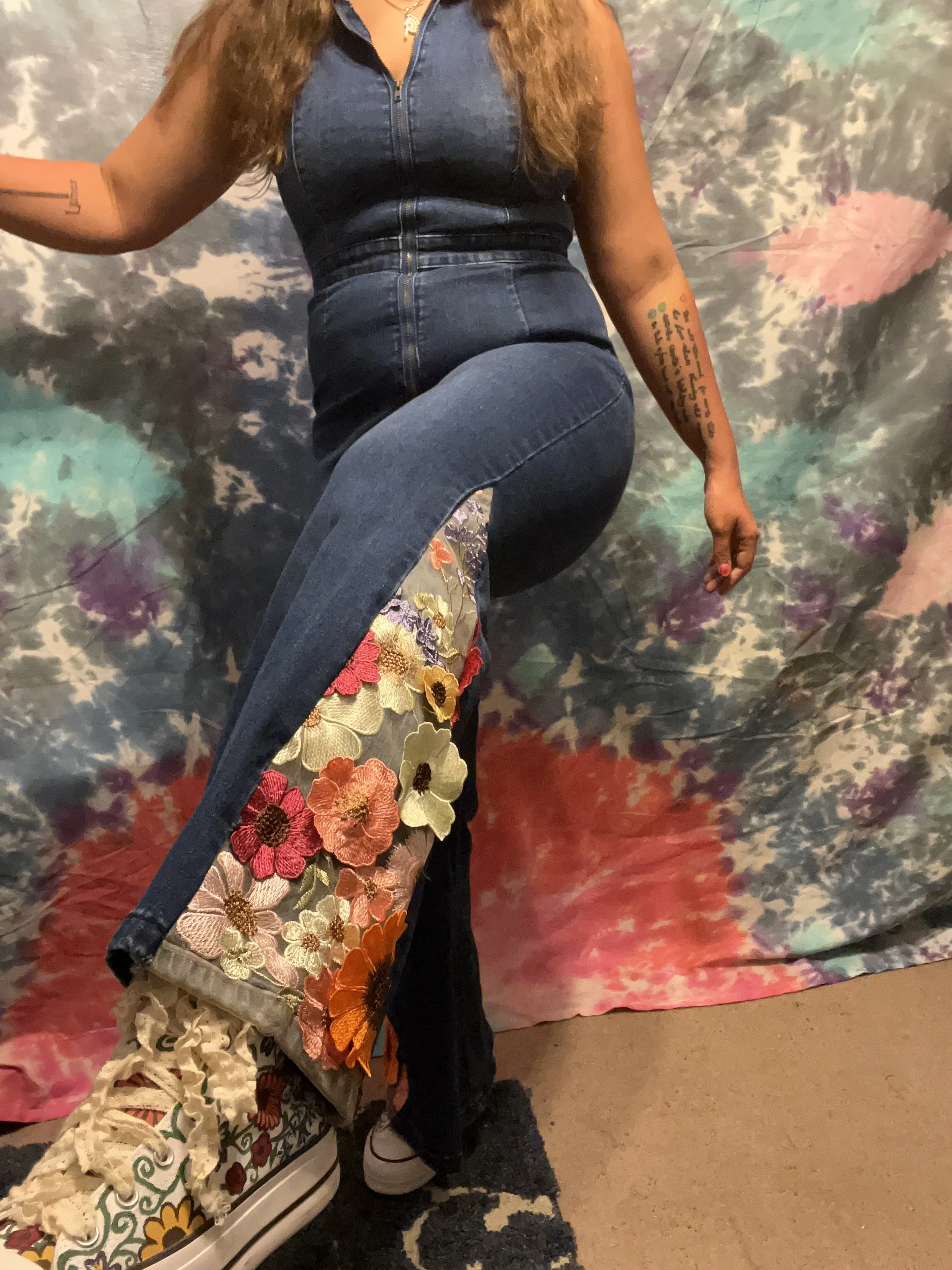 Bell-bottom jumpsuit with 3D floral flare detail (ft. my wedding shoes I painted)