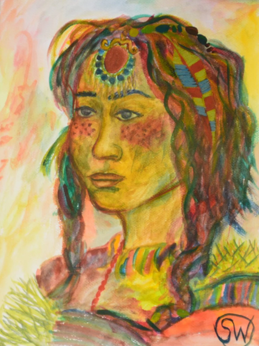 Colorful watercolor painting of a girl in traditional Tibetan dress