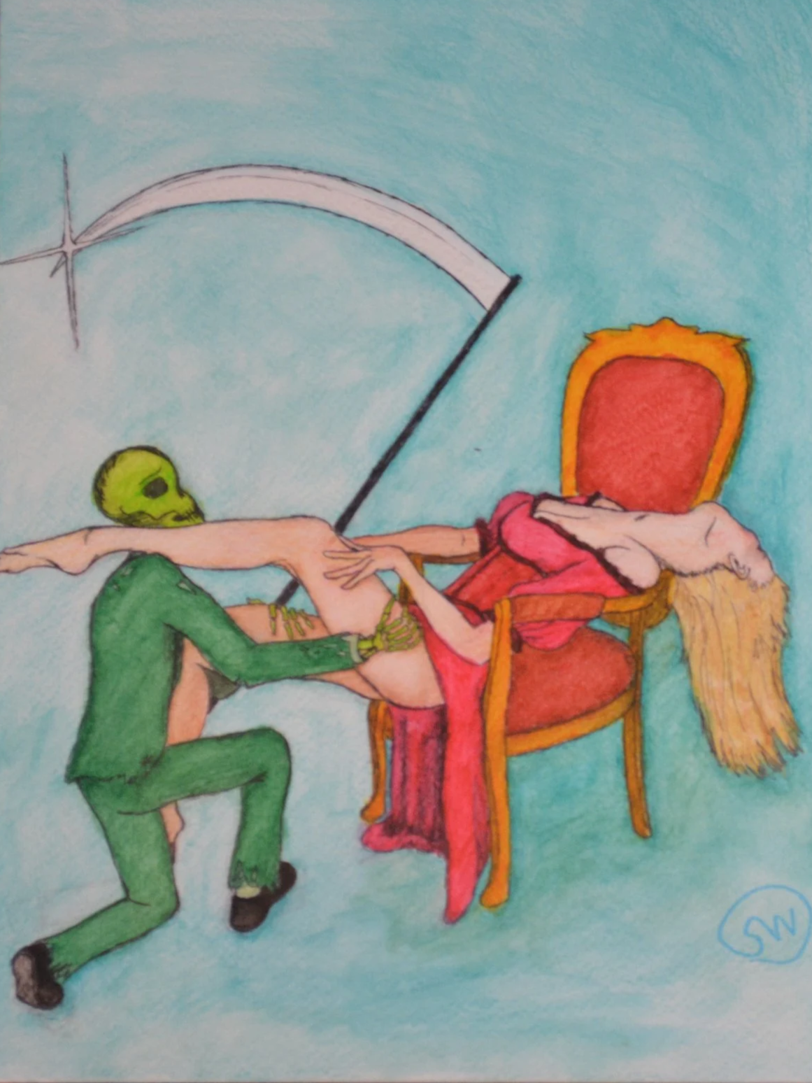 A watercolor pencil and pen illustration of a DTIYS from @kaitdonedid