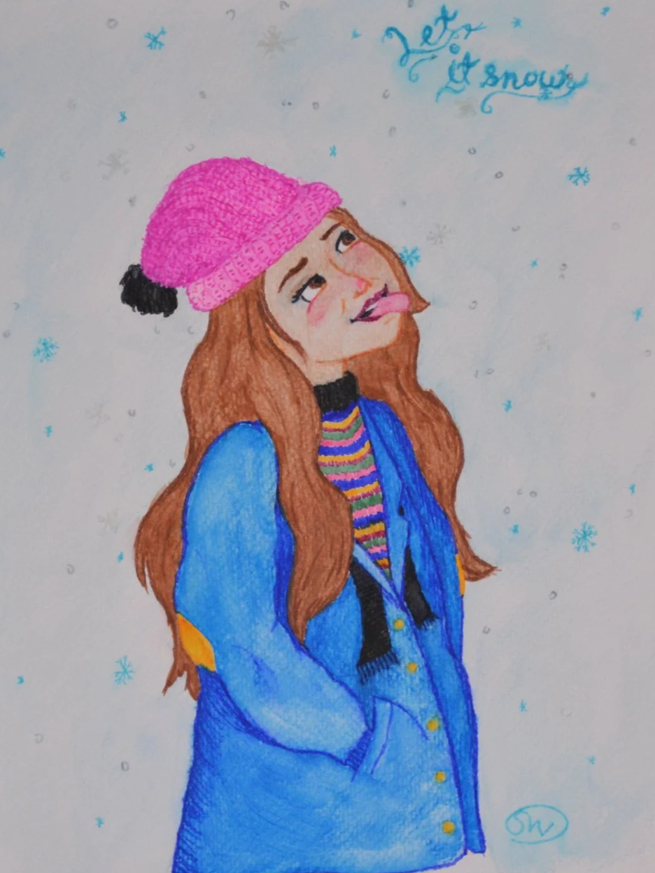 A watercolor pencils and pen illustration of a DTIYS prompt from @sketch.me.emily