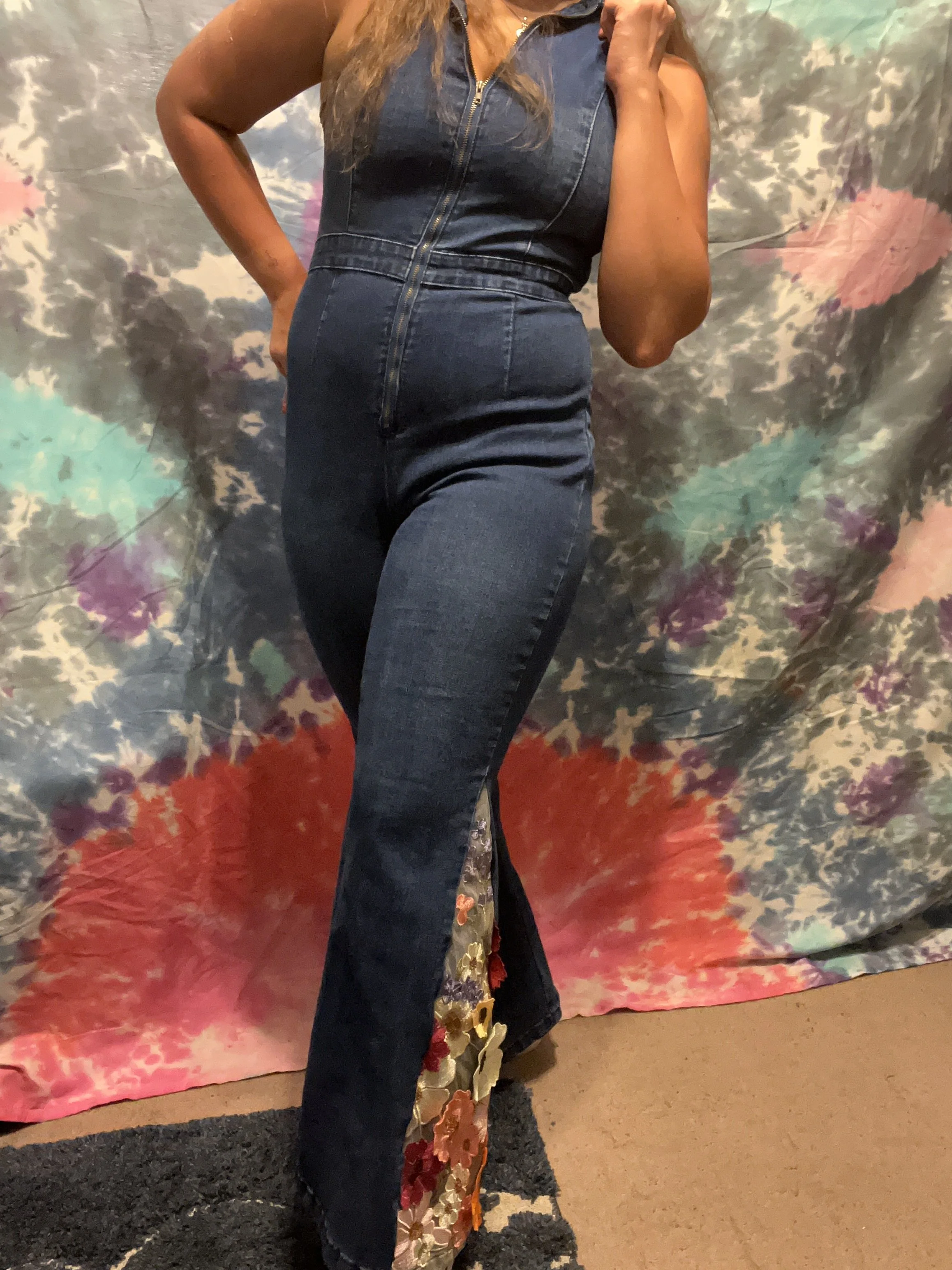 Bell-bottom jumpsuit with 3D floral flare detail