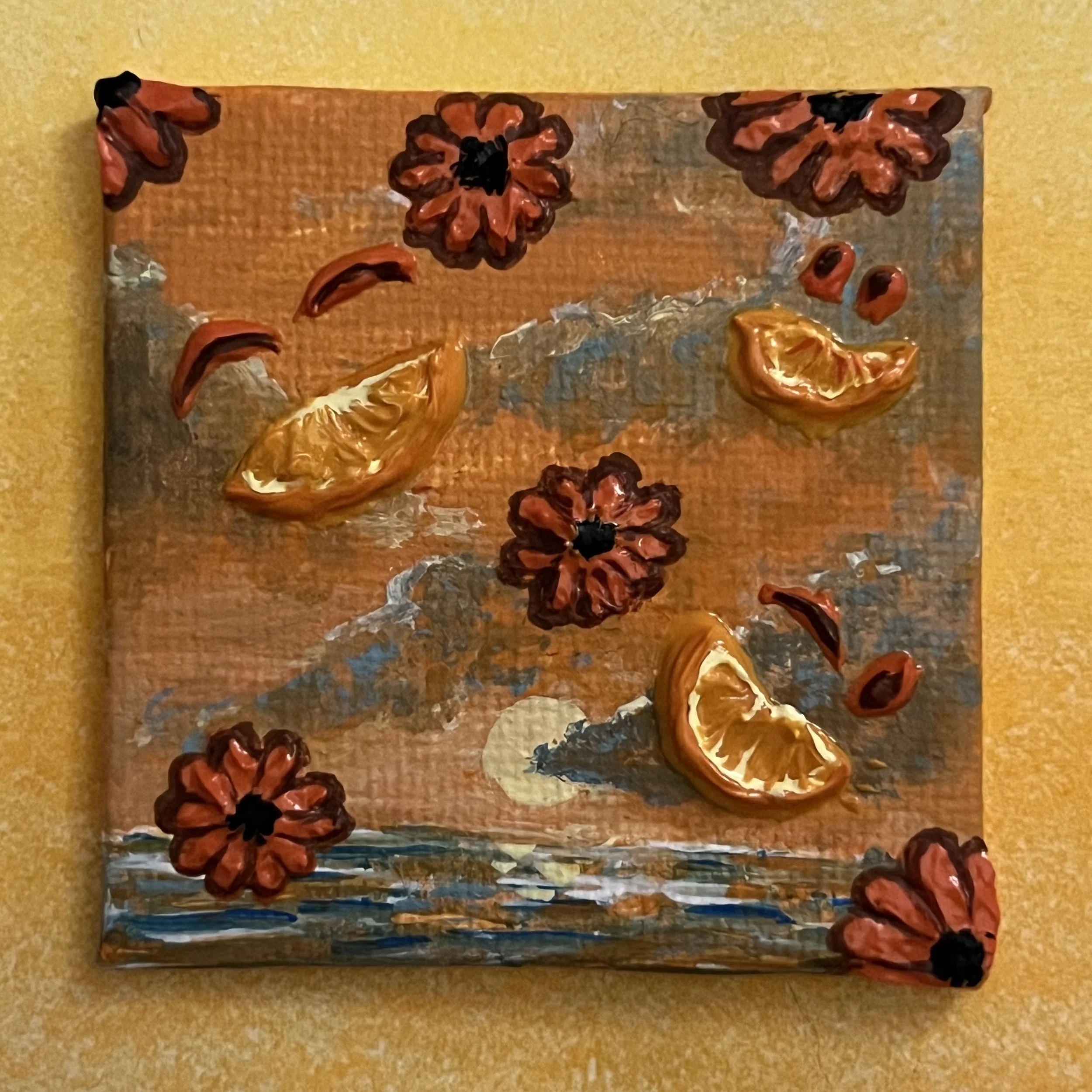 Orange nature themed 3D multimedia acrylic and oil paint magnet painting for rainbow series