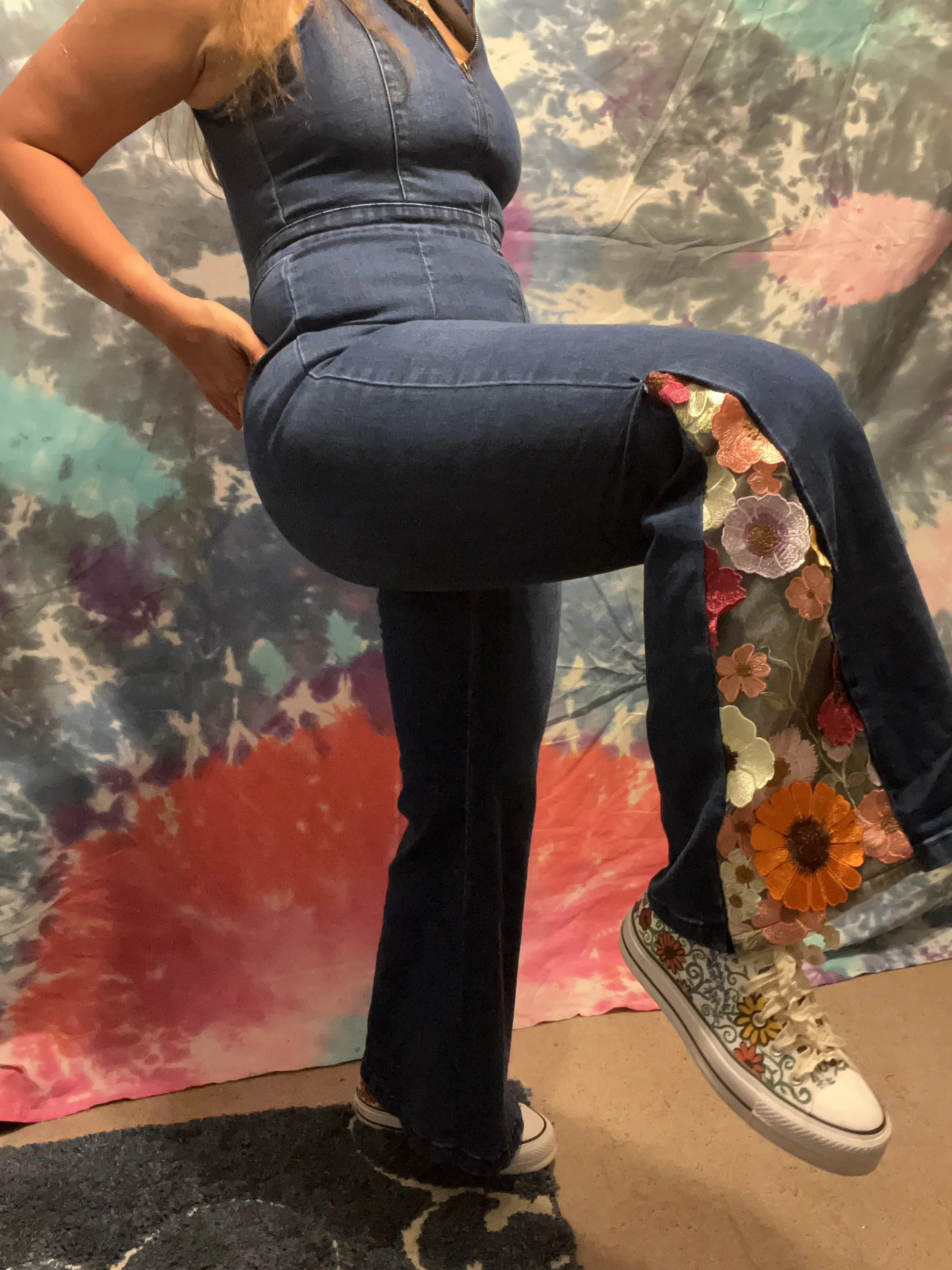 Bell-bottom jumpsuit with 3D floral flare detail (ft. my wedding shoes I painted)