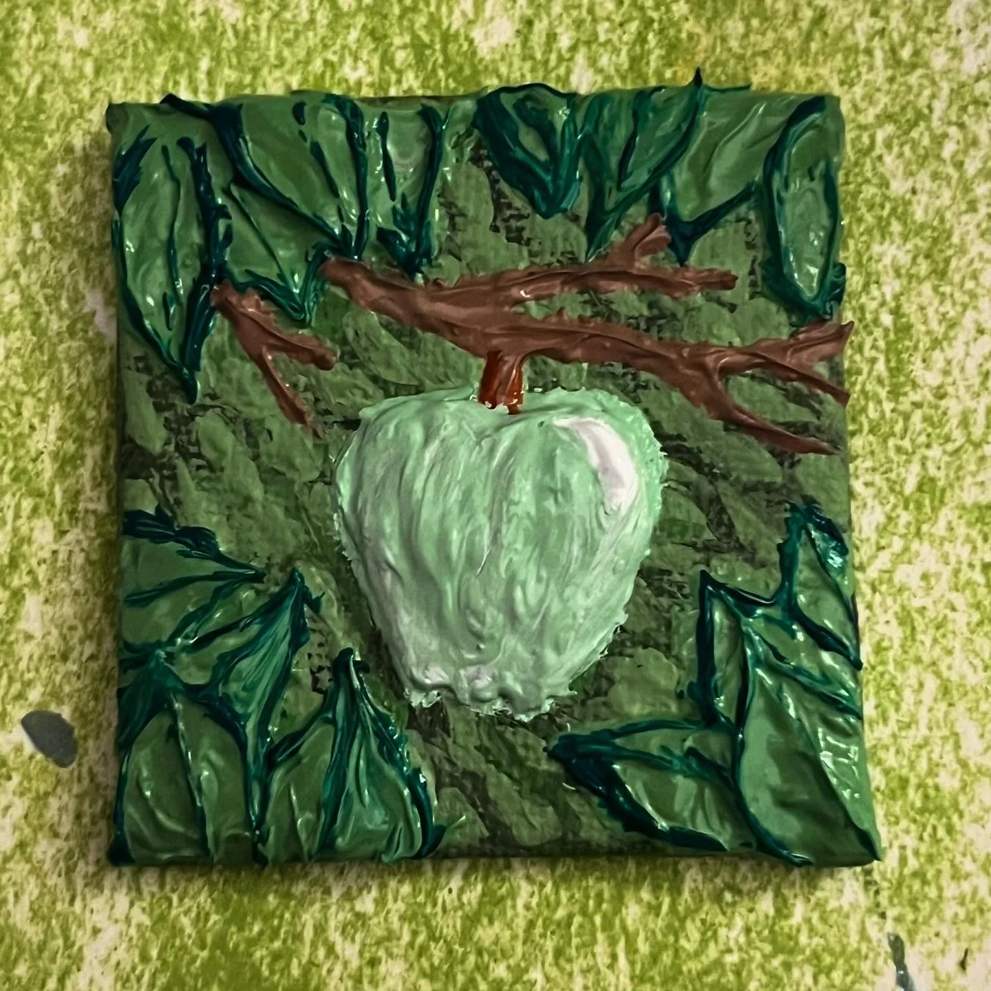 Green nature themed 3D multimedia acrylic and oil paint magnet painting for rainbow series