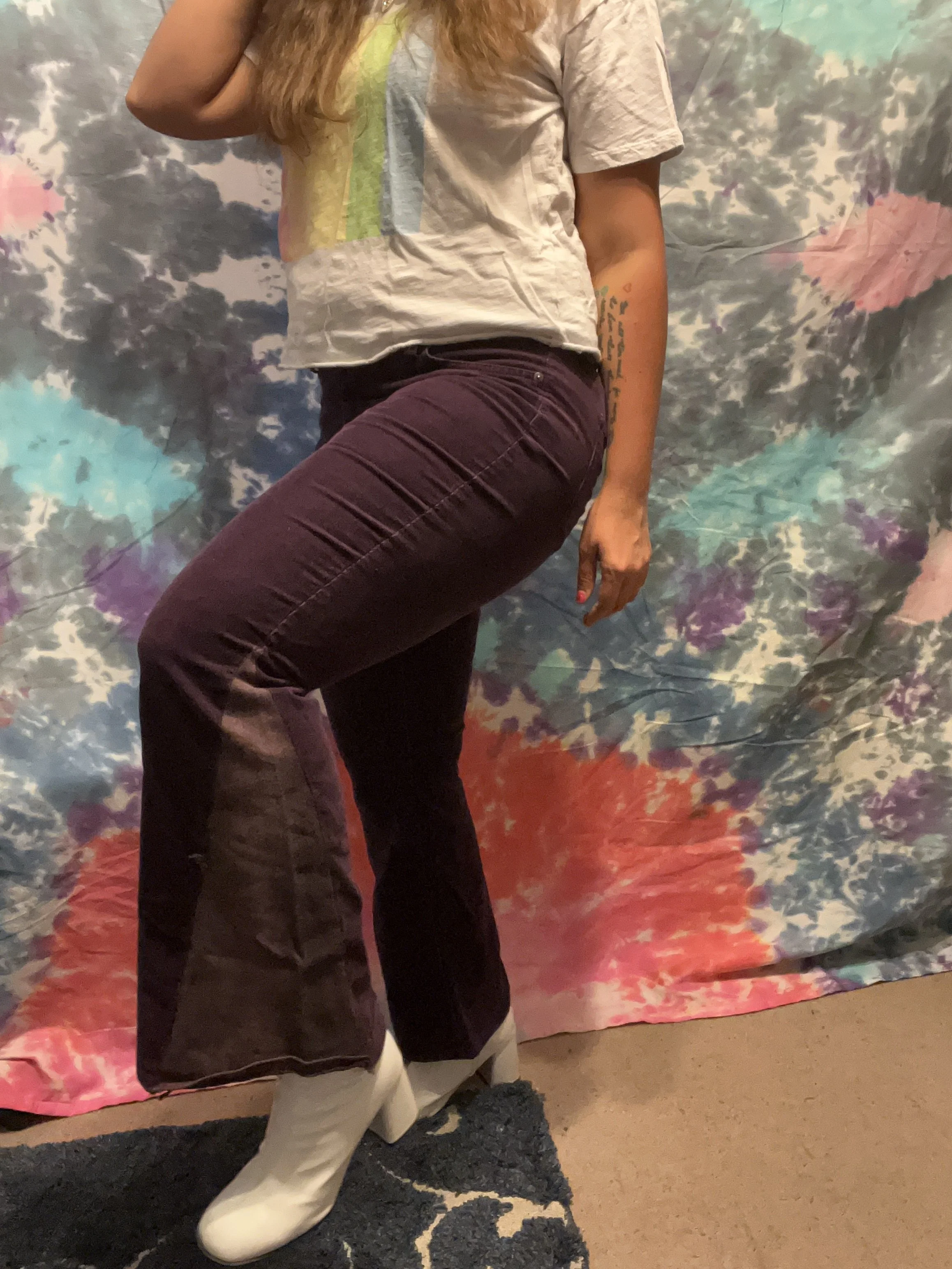 Purple bell-bottoms with purple denim flare detail