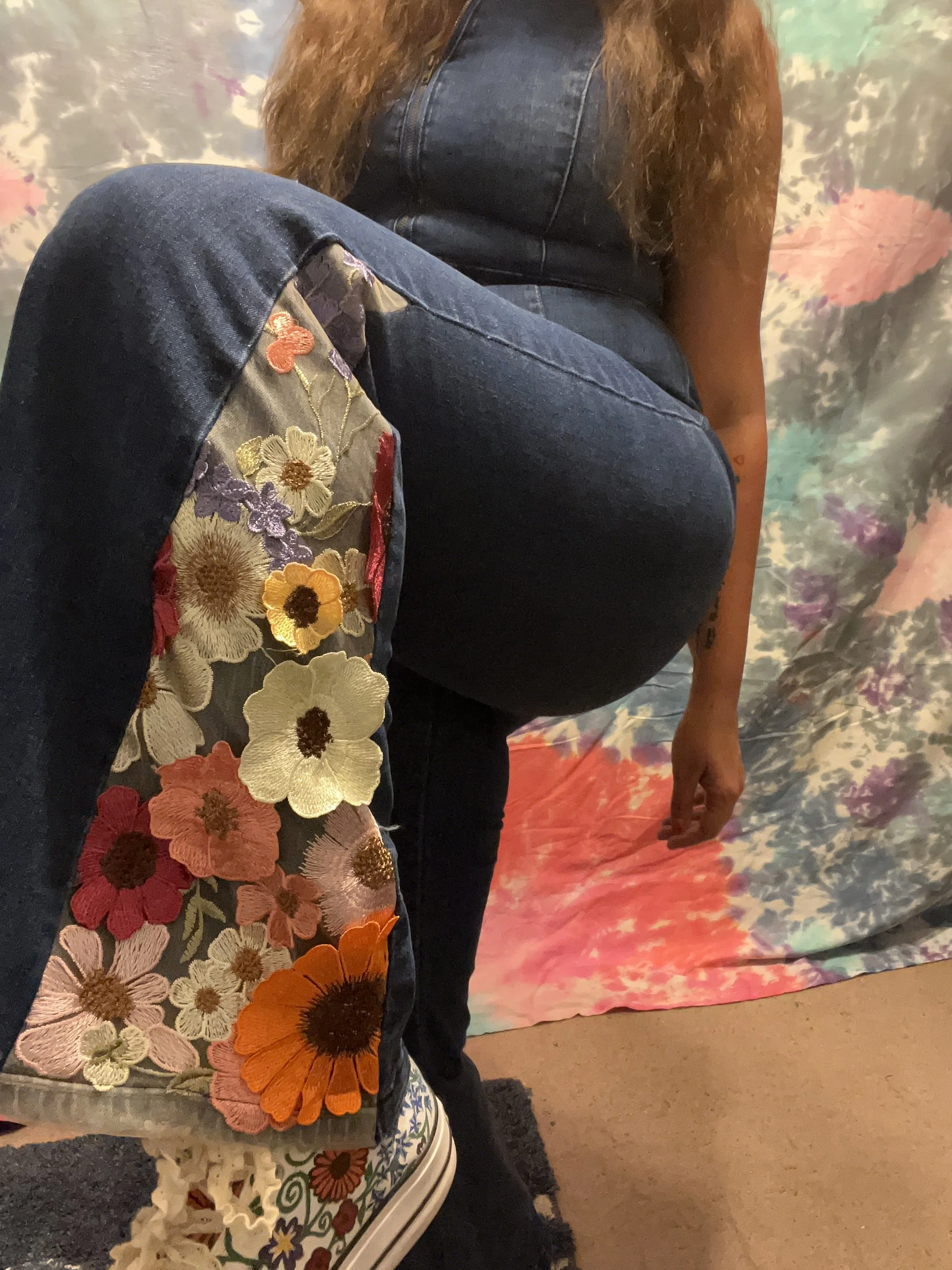 Bell-bottom jumpsuit with 3D floral flare detail (ft. my wedding shoes I painted)