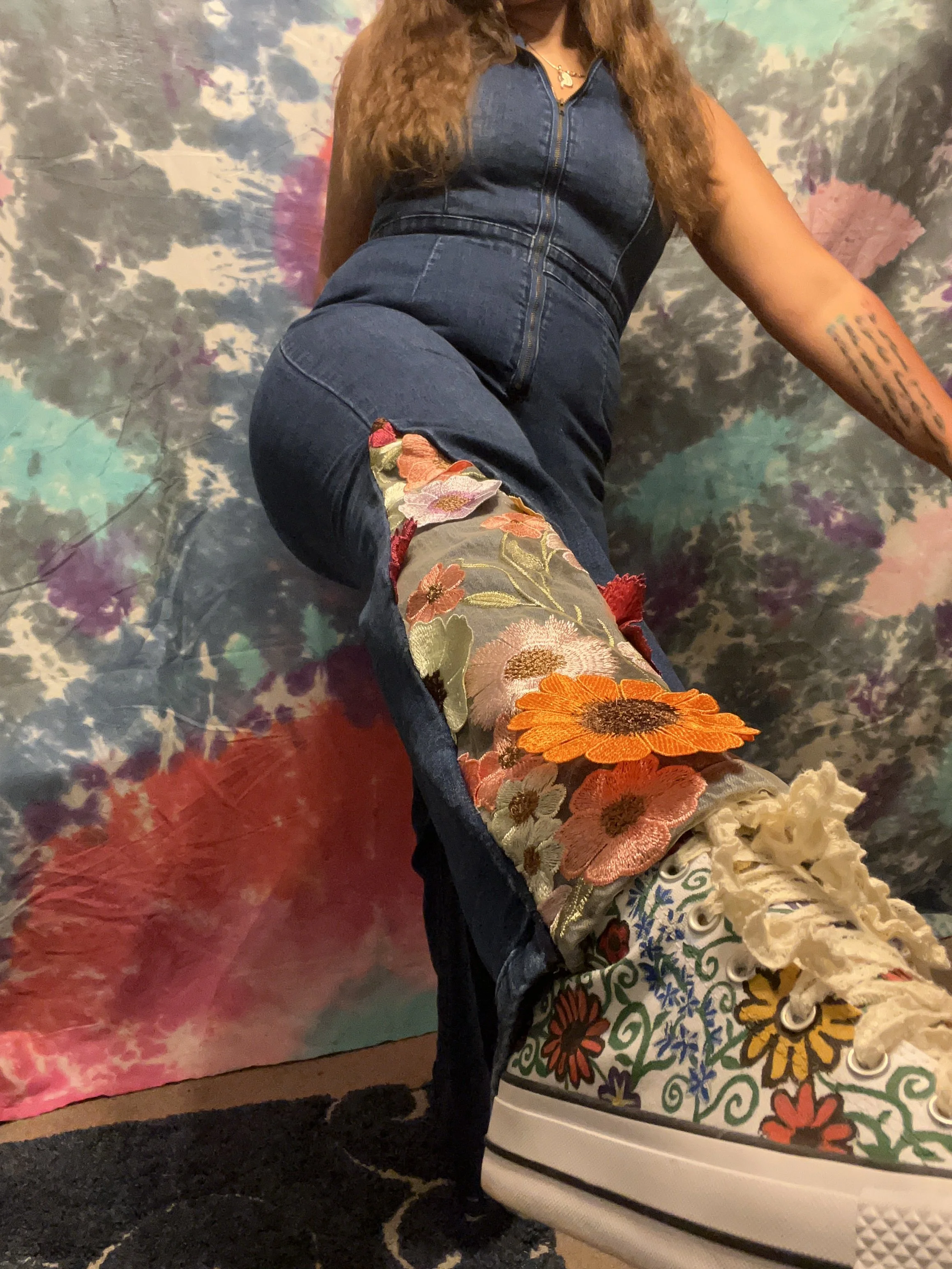 Bell-bottom jumpsuit with 3D floral flare detail (ft. my wedding shoes I painted)