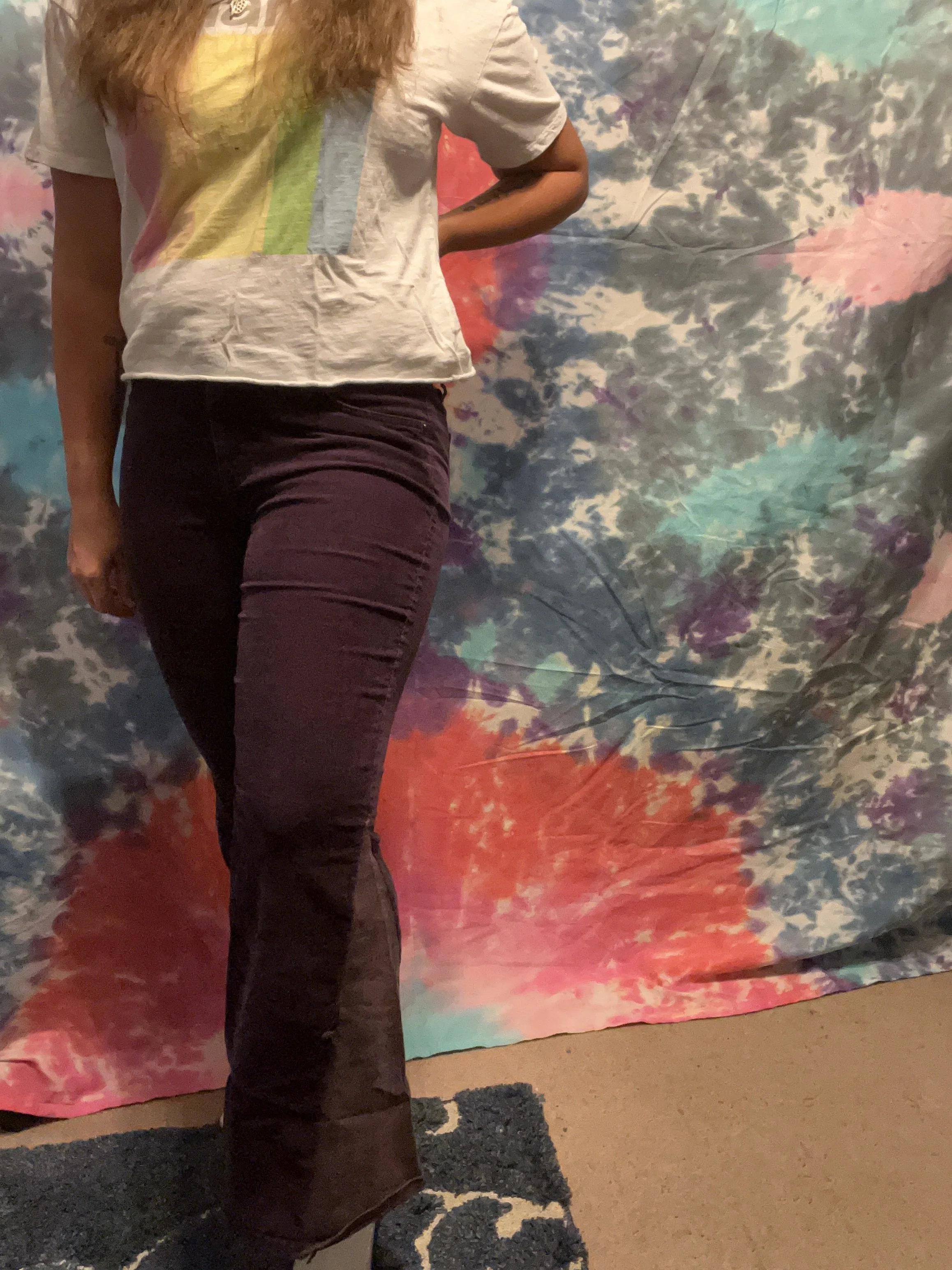 Purple bell-bottoms with purple denim flare detail