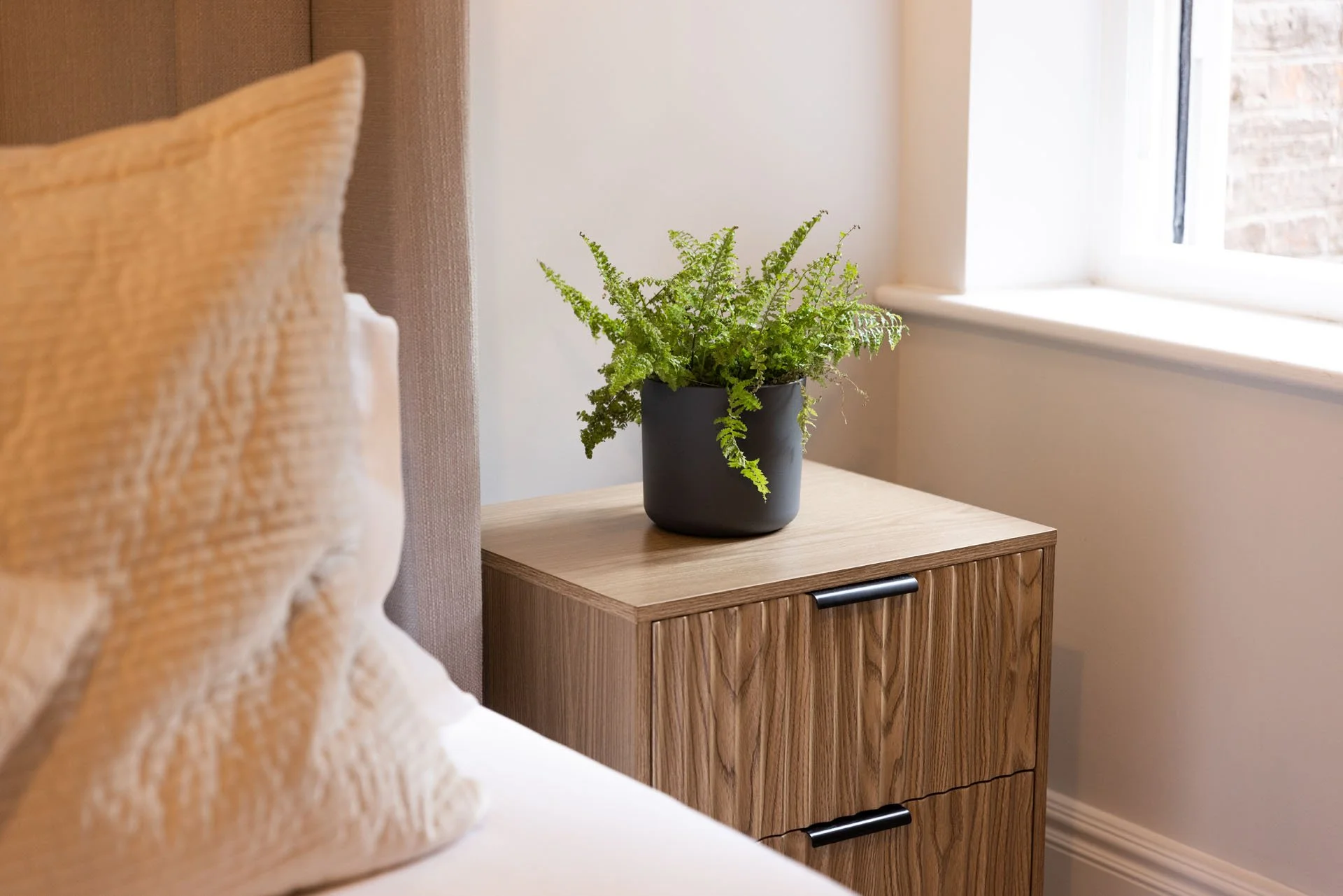 Green fern plant in a black pot on a wooden nightstand next to a bed with a beige pillow, near a window with sunlight.