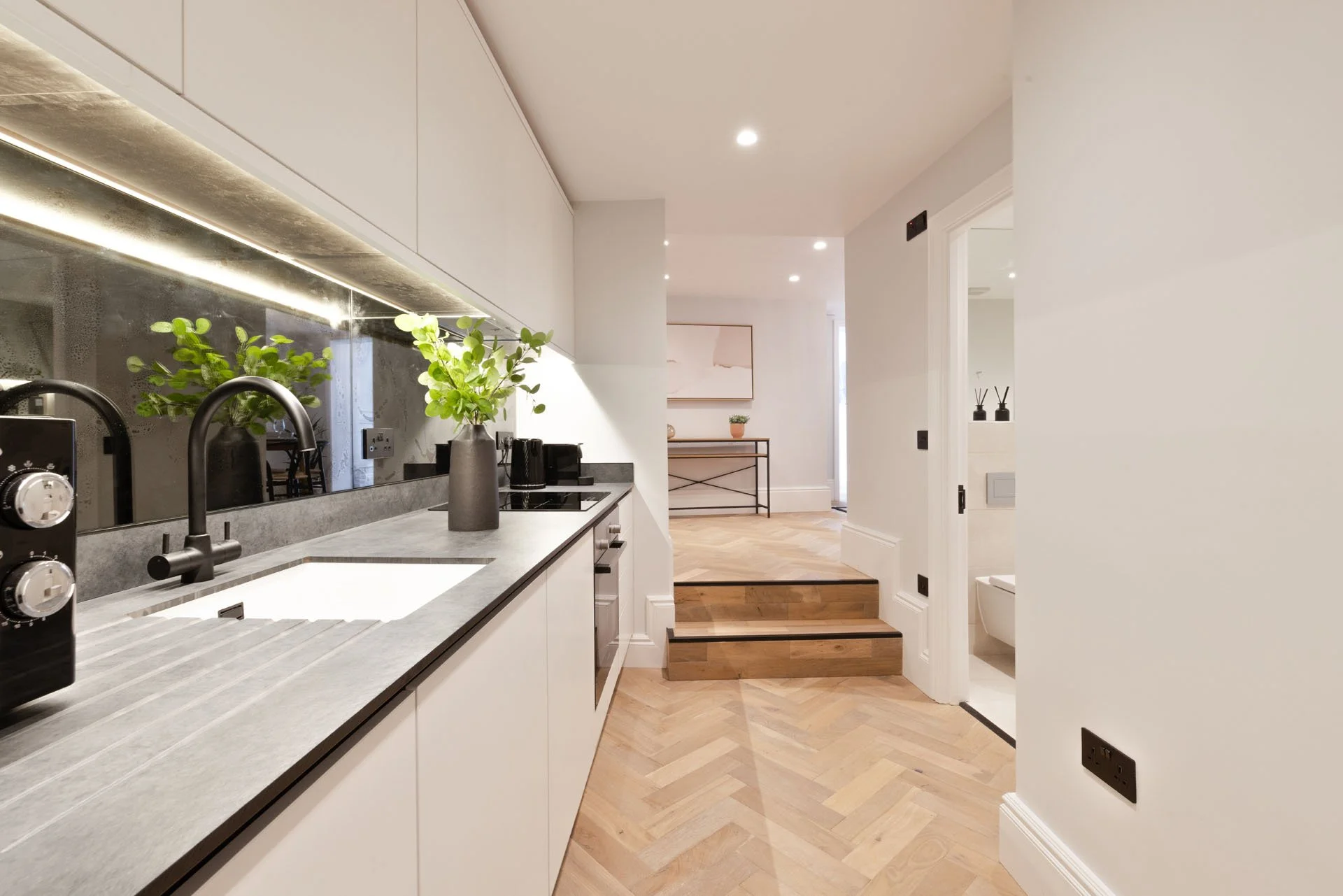 Modern kitchen with white cabinets, black countertop, black faucet, two potted plants, and wooden flooring.
