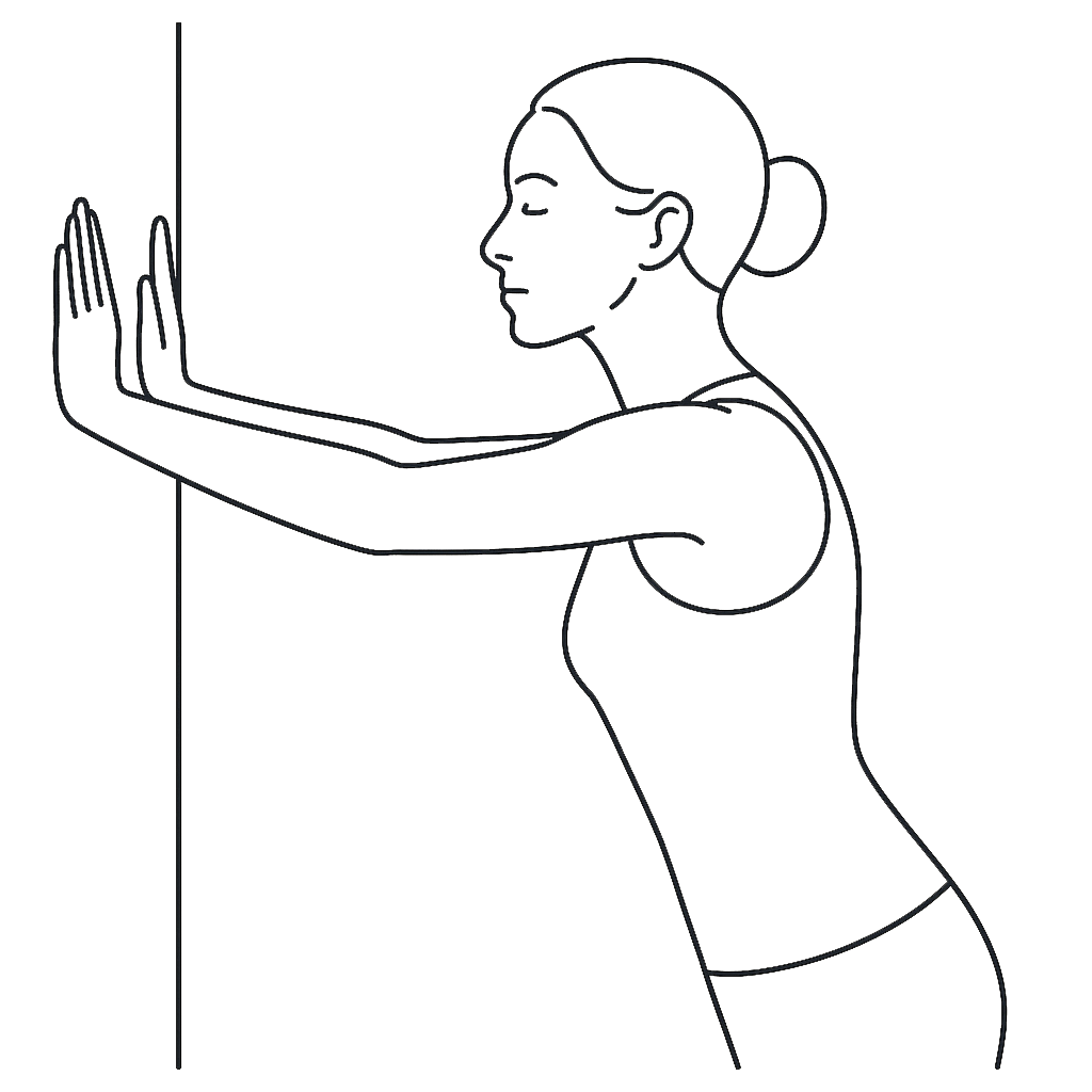Minimalist line drawing of a person performing the Wall Shoulder Blade Stretch, arms straight against a wall while moving body toward and away to open and close the shoulder blades.
