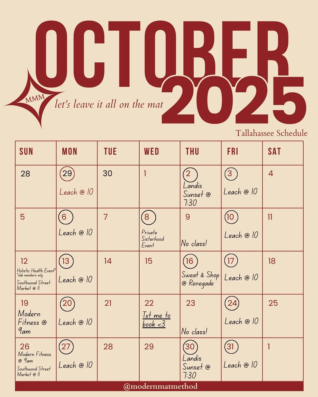 OCTOBER CALENDAR!! Mark yours and get ready for a packed month! 
Important dates: 
🌳10/2 & 10/30 @ 7:30: Landis Class
🧘‍♀️ 10/12: Holistic Health Event (members only) @holistichealthfsu 
🛍️ 10/12 & 10/26 @ 11am: Southwood Street Marke