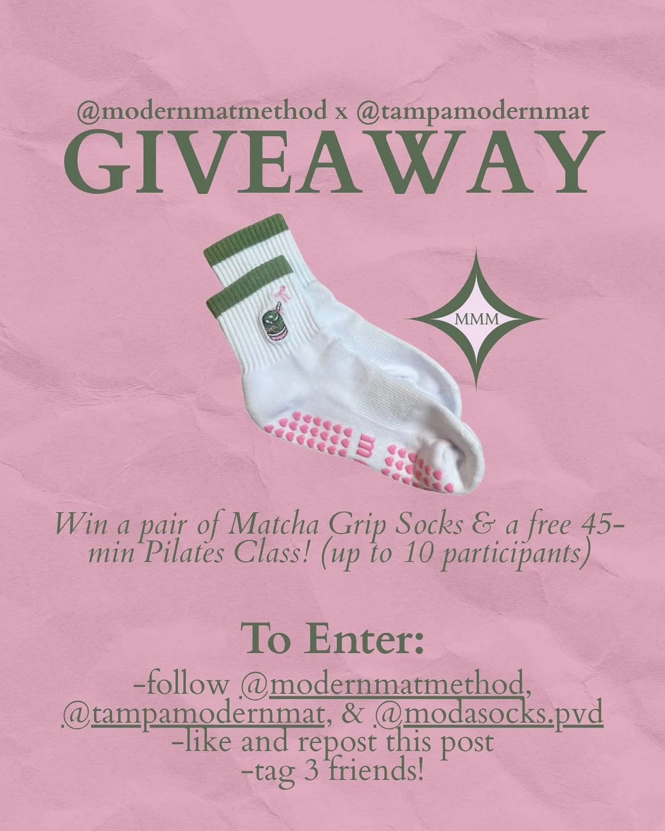 GIVEAWAY!! To celebrate 500 followers and the beginning of @tampamodernmat 💘🧘‍♀️💙
Win a free pair of @modasocks.pvd Matcha Grip Socks AND a FREE 45 min Pilates class (wherever you please) with up to 10 friends!
To enter: 
-follow @modernmatm