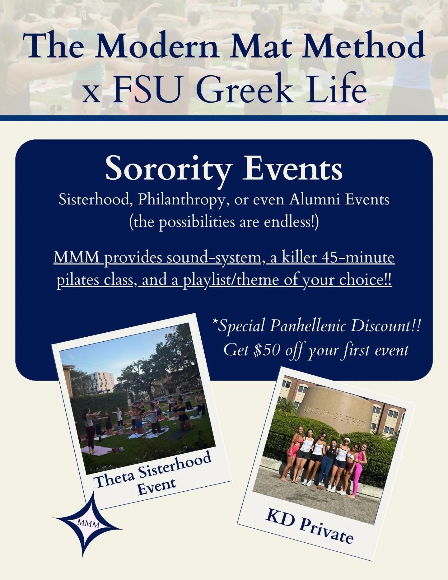 Calling all members of the FSU Greek Life Community!!! 💝💝 Get $50 off your first MMM event!! 

🍢With the spring semester coming up, let&rsquo;s plan an event for YOUR chapter that is one of a kind and full of sisterhood!! 

Let&rsquo;s get in touc