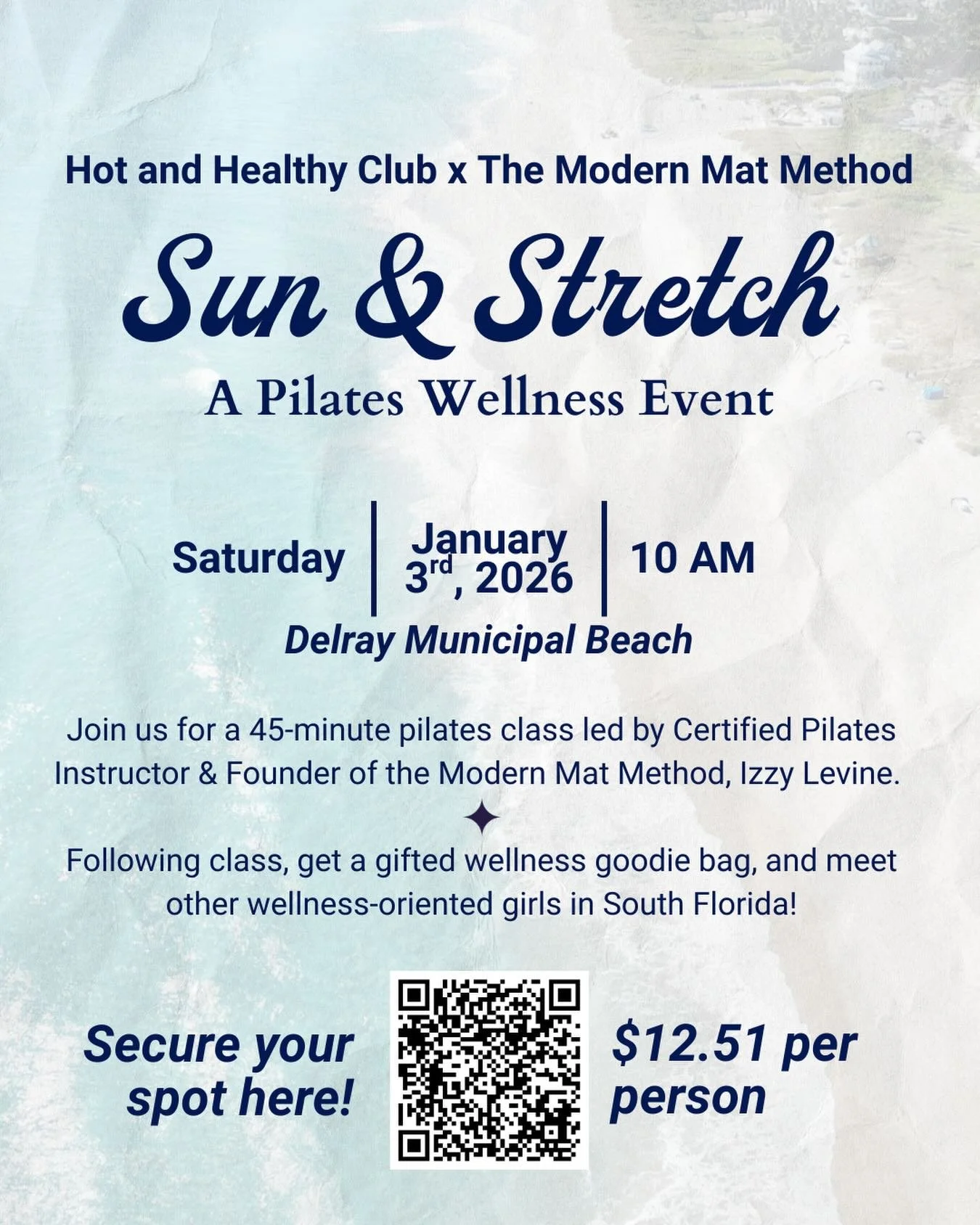 💫🪬🧘&zwj;♀️CALLING ALL SOUTH FL WELLNESS GIRLS💫🪬🧘&zwj;♀️

Join @hotandhealthysoflo &amp; @modernmatmethod for a Beach Pilates session on Jan 3rd at 10am at The Delray Beach. Secure your ticket using the QR code to get a 45-minute class, gifted g