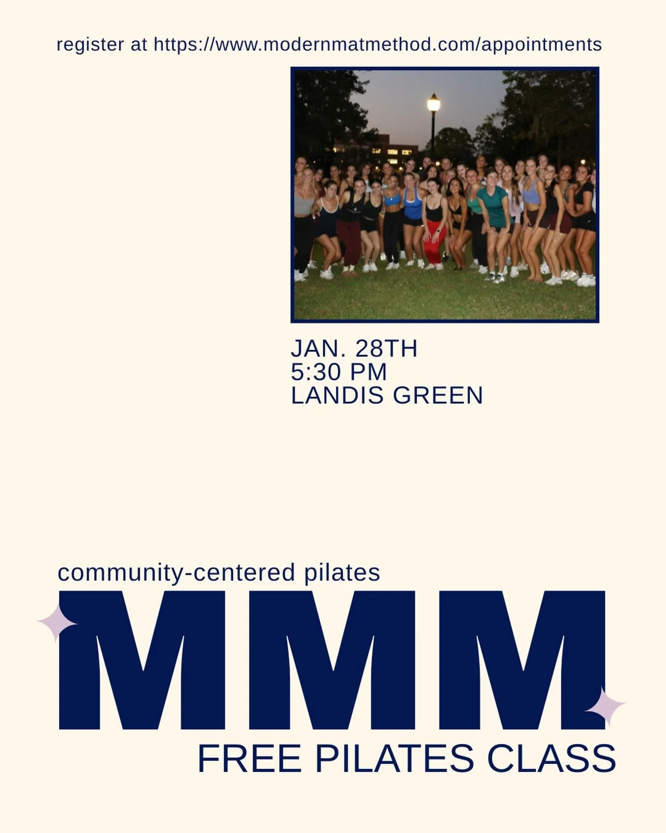 FIRST EVENT OF THE SEMESTER!!! 🧘&zwj;♀️💫✨ Join us for a 45-minute Pilates class led by Izzy on Landis Green: featuring @freshedjuicery &amp; @modasocks.pvd 😚 Bring a friend, a towel/mat, and leave it on the mat with us🍢🩷 #fsu #pilates #landisgre