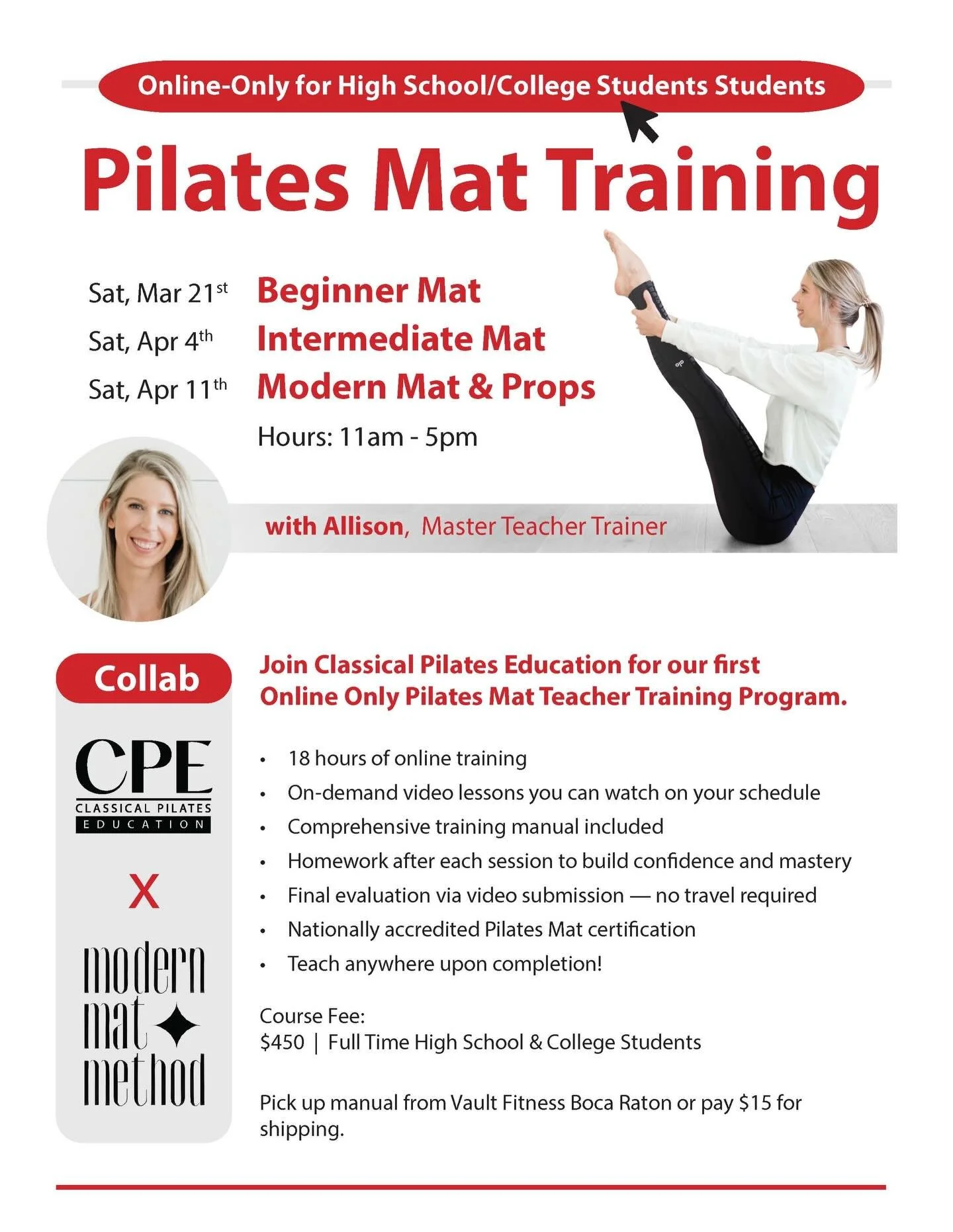 Calling all college and high school students ready to turn their Pilates practice into leadership🤍

Our Online-Only Pilates Mat Teacher Training through CPE is designed for students who want flexibility, real credentials, and a pathway to lead on th