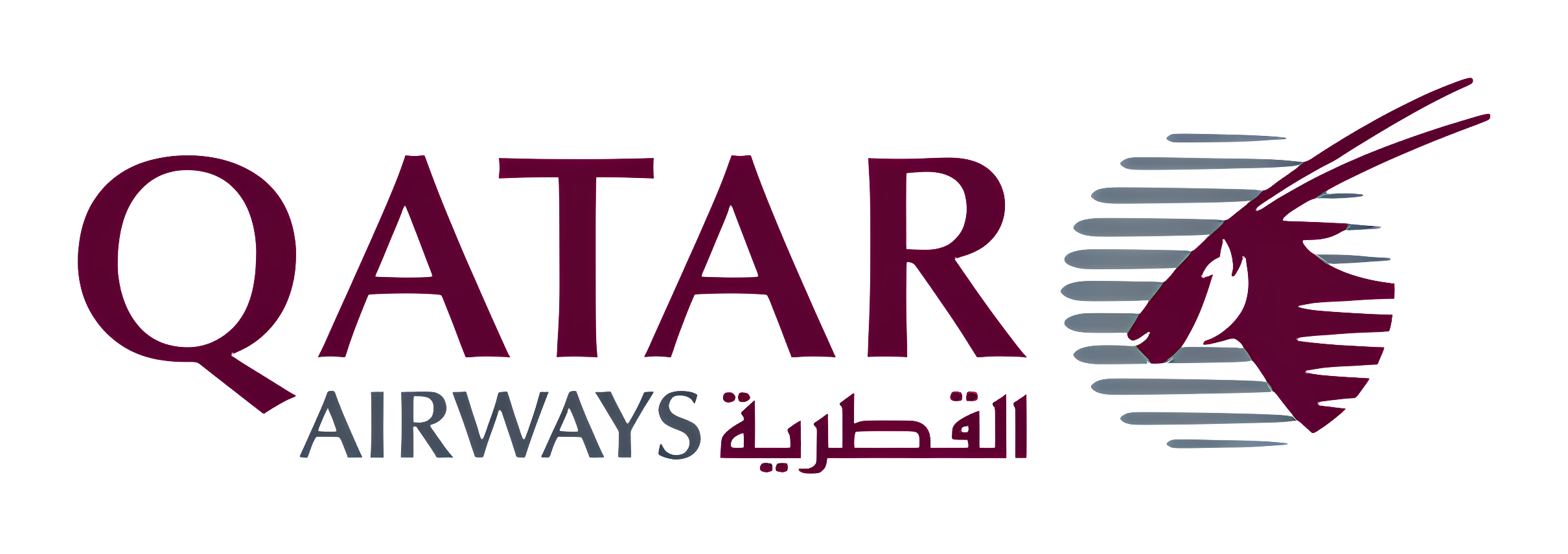 Qatar Airways logo with stylized maroon and silver design including an airplane graphic.