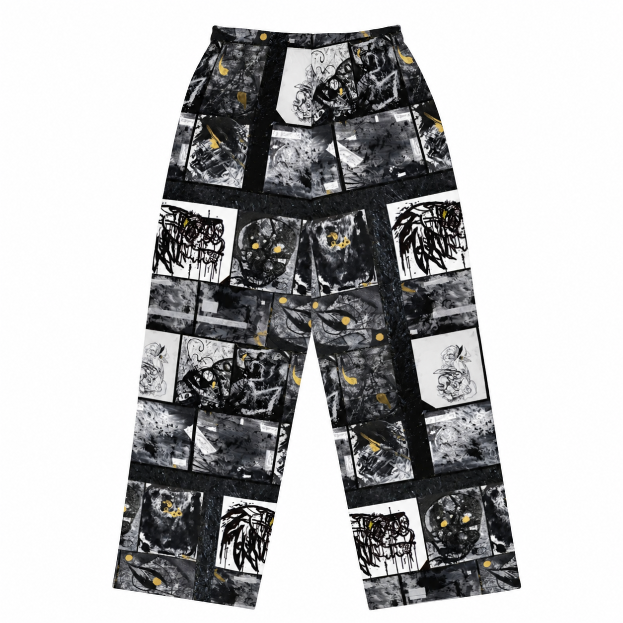 Grayscale Comic Collage Wide-Leg Pants.png