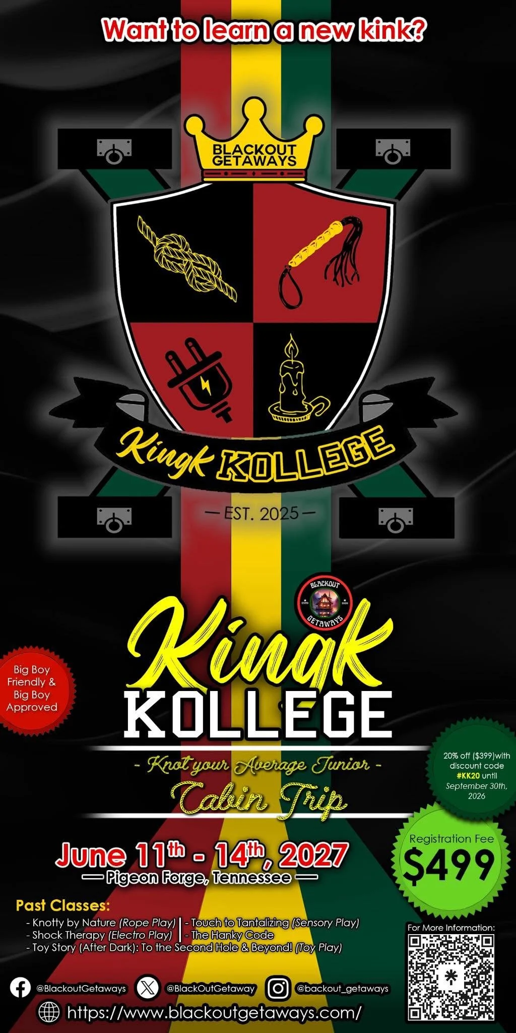 Poster for the Knurk College cabin trip hosted by Blackout Getaways, featuring a shield with a rope, whip, plug, and candle icons, the event dates June 11-14, 2027, in Pigeon Forge, Tennessee, with registration fee of $499 and a promotional discount, along with past class topics and social media handles.