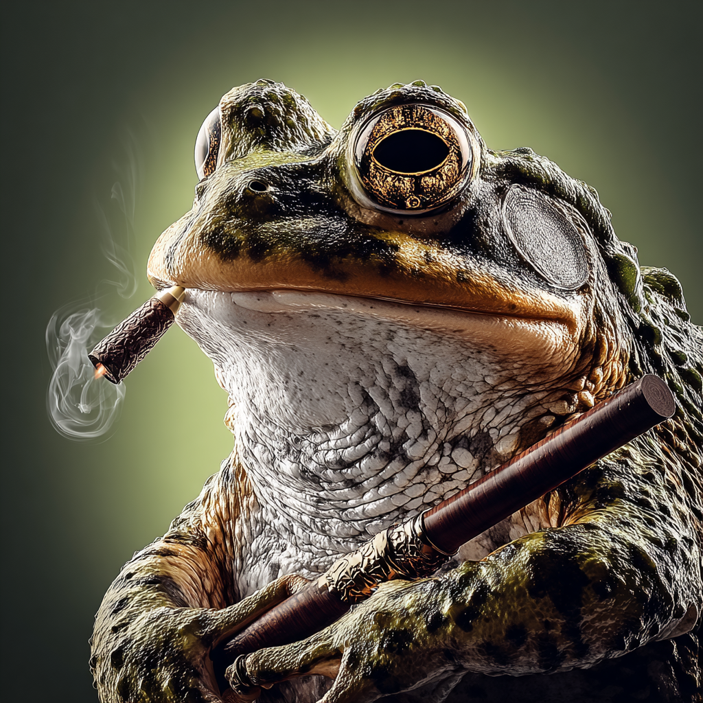 A detailed close-up of a bufo toad with large eyes, smoking a cigar, and holding a katana sword.