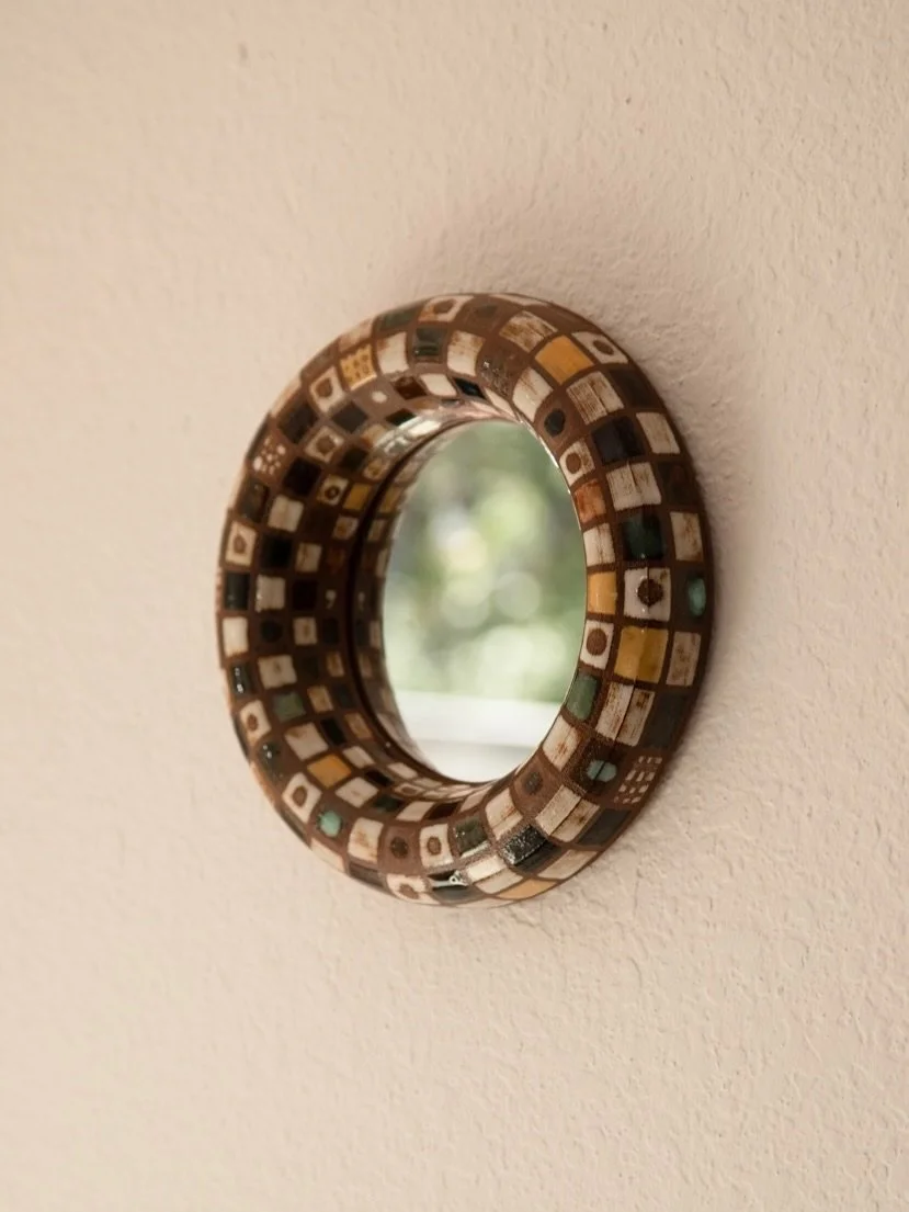 MIRROR No.030 pattern and design was inspired by midcentury modern textiles and my grandmothers hand made quilts. Each square hand painted with glazes made in Austin, TX. When you order a custom No.030 mirror you&rsquo;ll receive a one of a kind hand