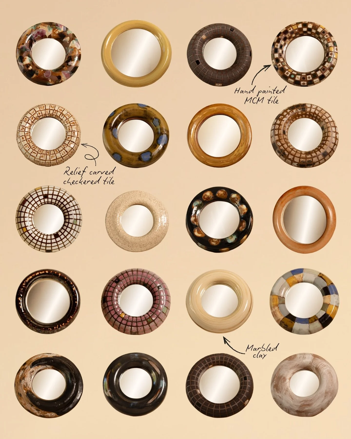 Mix &amp; Match hand crafted ceramic mirrors 🤎 

Choose any three to create your own bespoke set with the &lsquo;Collectors Trio&rsquo; arroyoarthouse.com

#interiordesign #ceramicartist #homedecor #bespokedesign #originalart