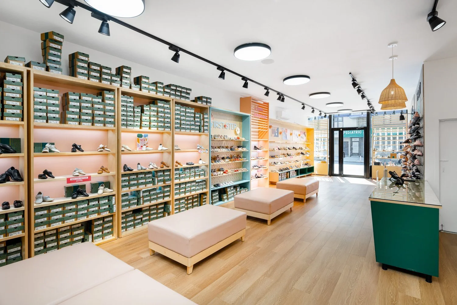 Retail shoe store with new custom millwork carpentry modern and fun style and colors 
