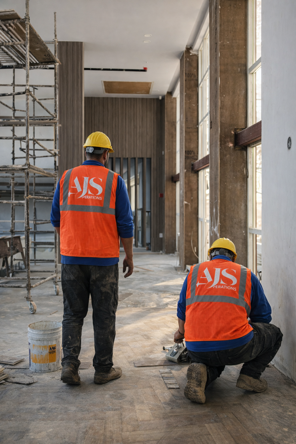 Two construction workers wearing yellow hard hats and orange safety vests marked 'AJS OPERATIONS' are working inside a building under construction. One worker is standing while the other is kneeling on the floor handling a tool.