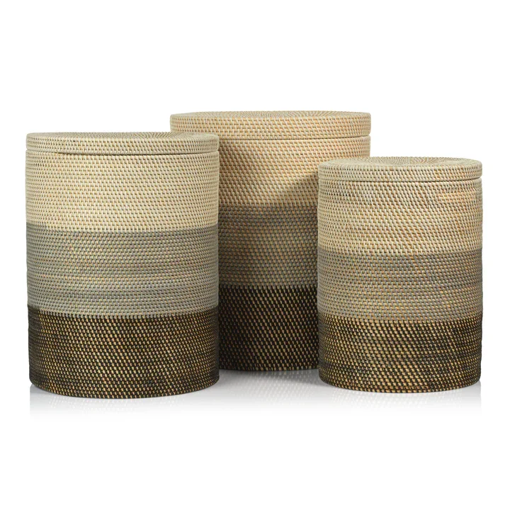 Catalina Rattan Lidded Baskets - Set of 3 - Natural, White, Gray and Black