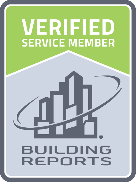 Green and gray badge with the words 'VERIFIED SERVICE MEMBER' at the top and 'BUILDING REPORTS' at the bottom, featuring a city skyline with an orbit and a checkmark.