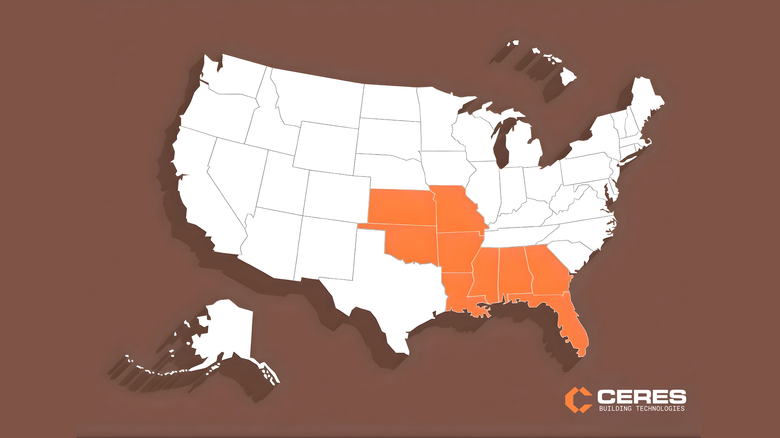 U.S. map highlighting Texas, Louisiana, Mississippi, Alabama, Georgia, and Florida in orange. The surrounding states are in white. The map features the CERES Building Technologies logo in the bottom right corner.