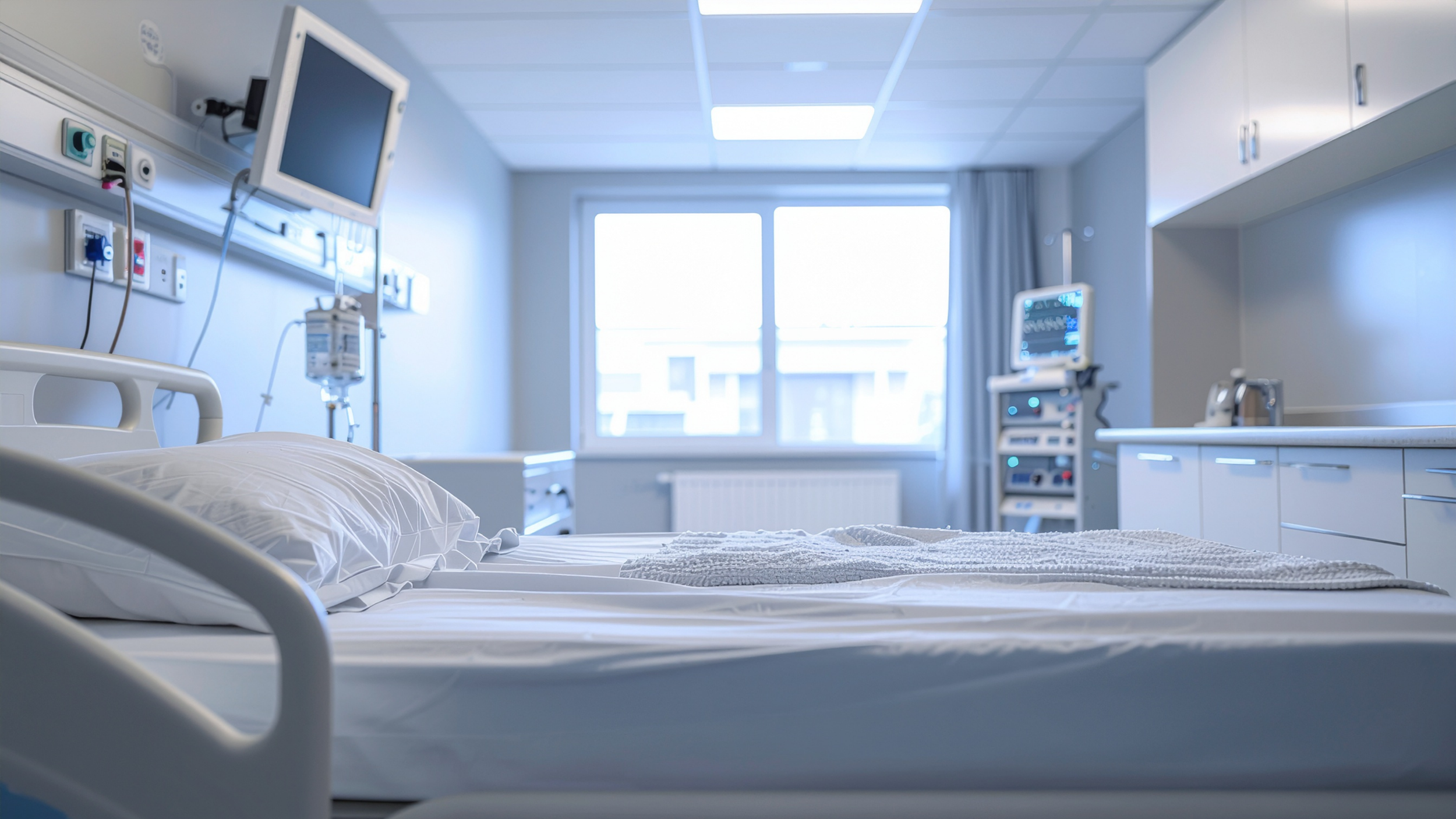 Empty hospital room with a bed, medical monitors, and supplies, lit by natural light from a window.