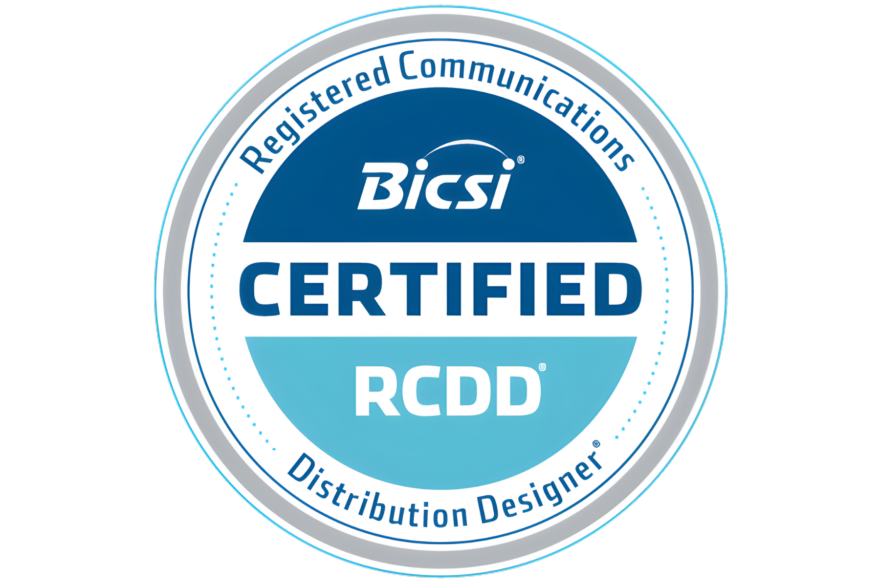 Certification badge with the text "BICSI CERTIFIED RCDD" and a circular design indicating registered communications distribution designer.