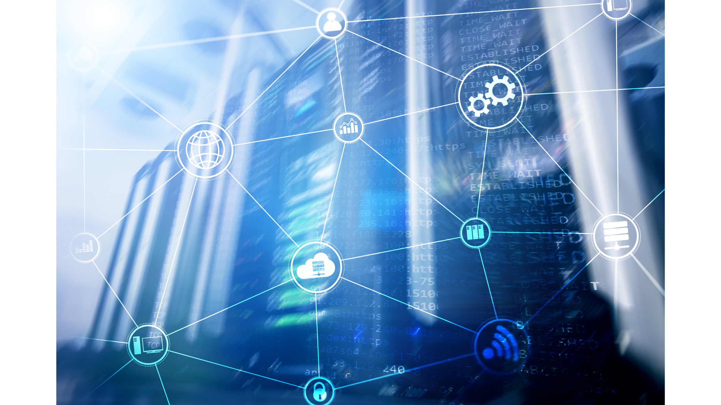 Digital network overlay with icons representing cloud storage, servers, security, data, gears, communication, and statistics against a blurred background of a server rack.