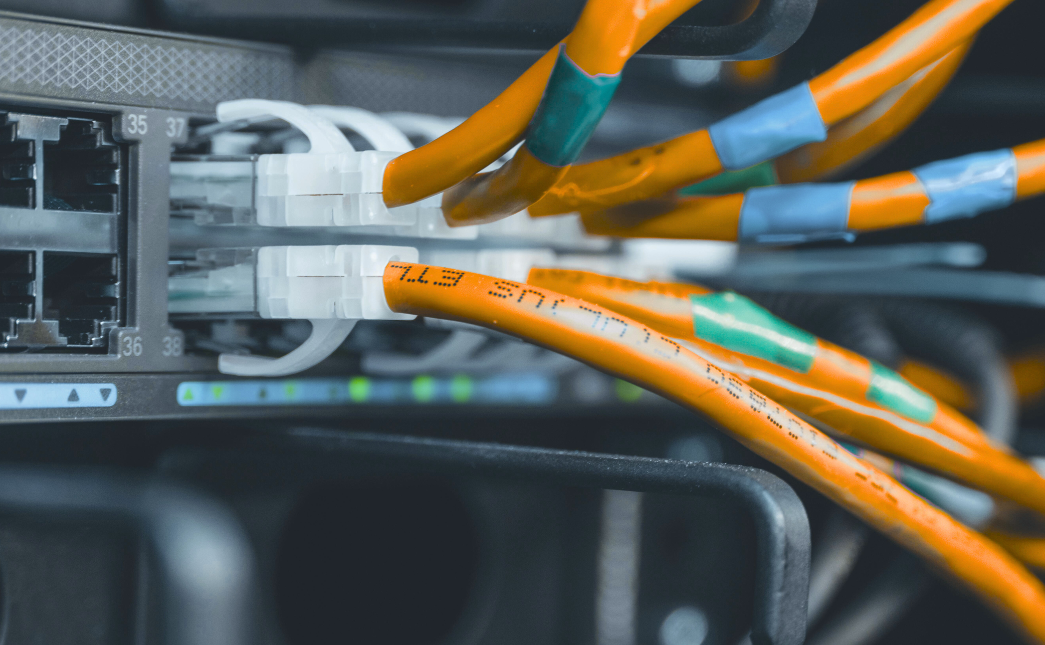 Close-up of network cables connected to a router or switch in a data center or server room.