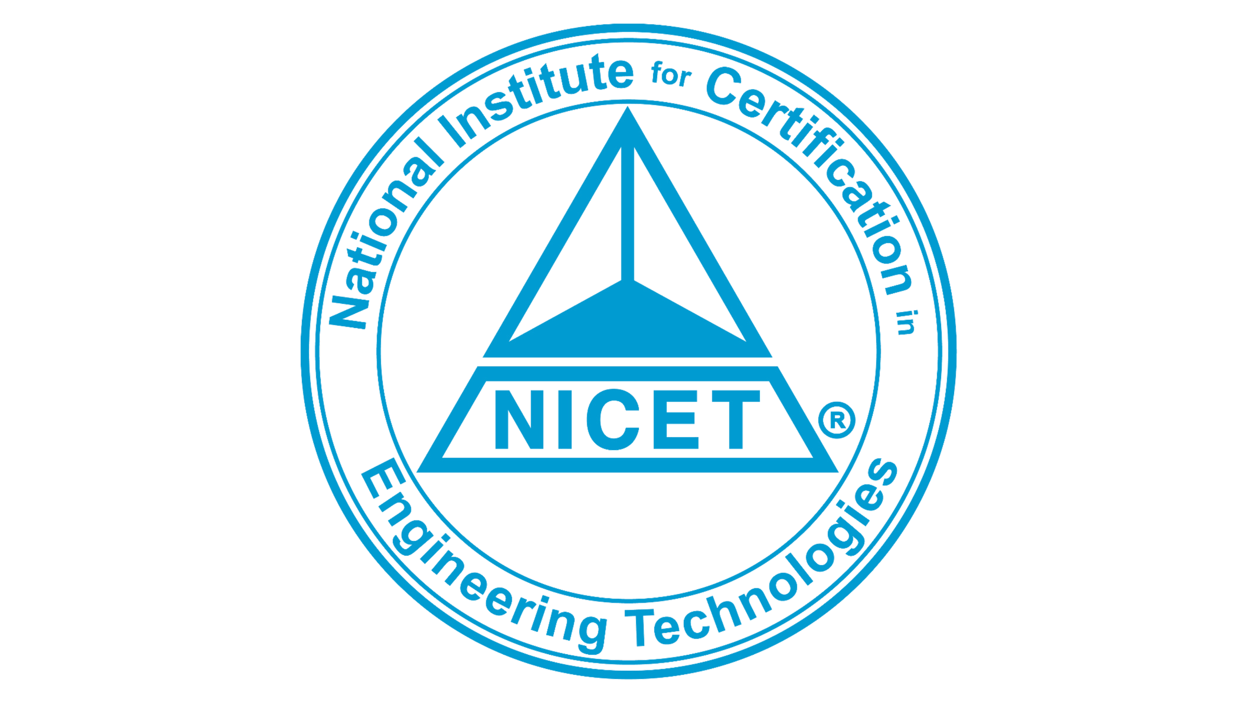 Logo of NICET with a blue triangle inside a circle, containing the words 'NICET' and 'National Institute for Certification in Engineering Technologies' encircling the triangle.