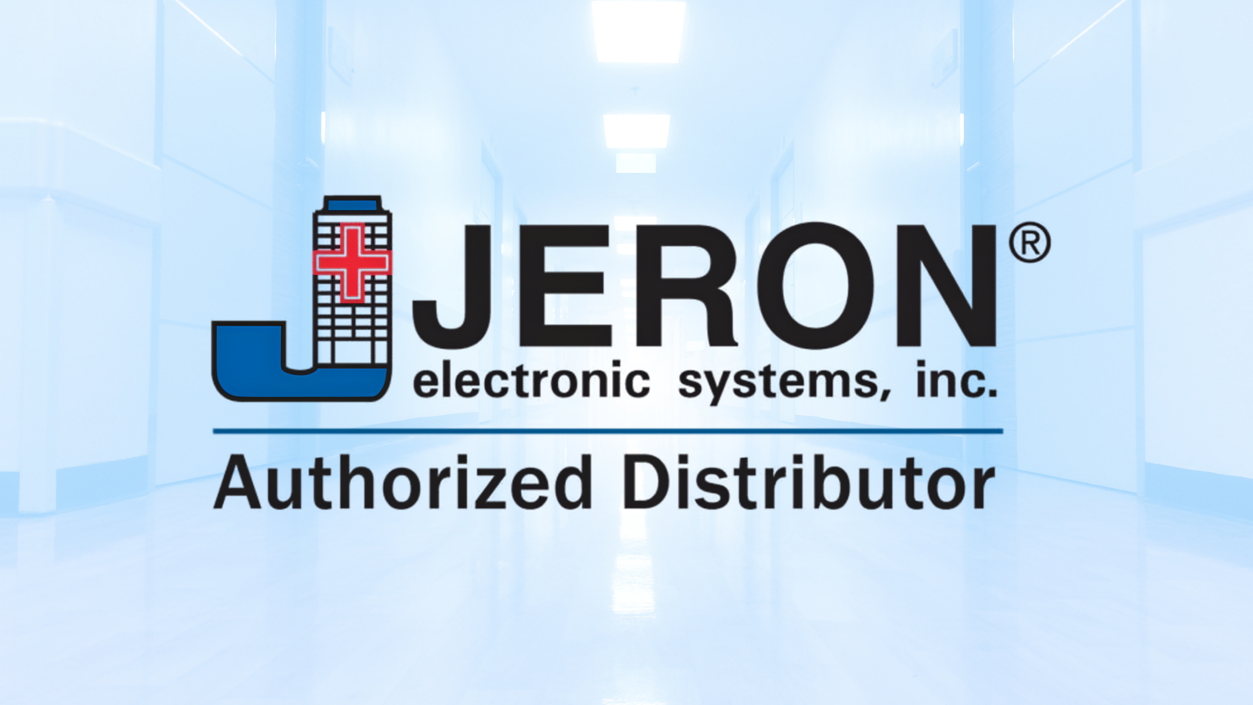 Jeron electronic systems, inc. logo with text 'Authorized Distributor' on a light blue background resembling a corridor.