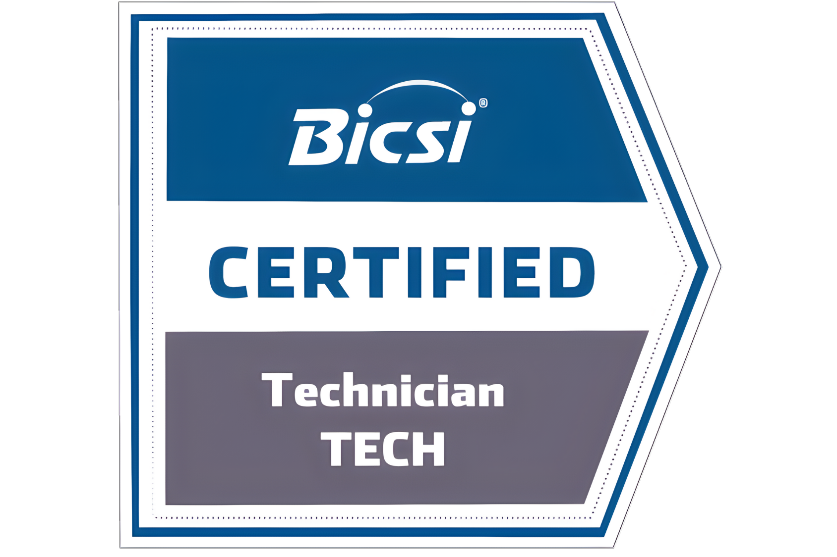 A badge with the Bicsi logo at the top, the word 'CERTIFIED' in the middle, and 'Technician TECH' at the bottom.