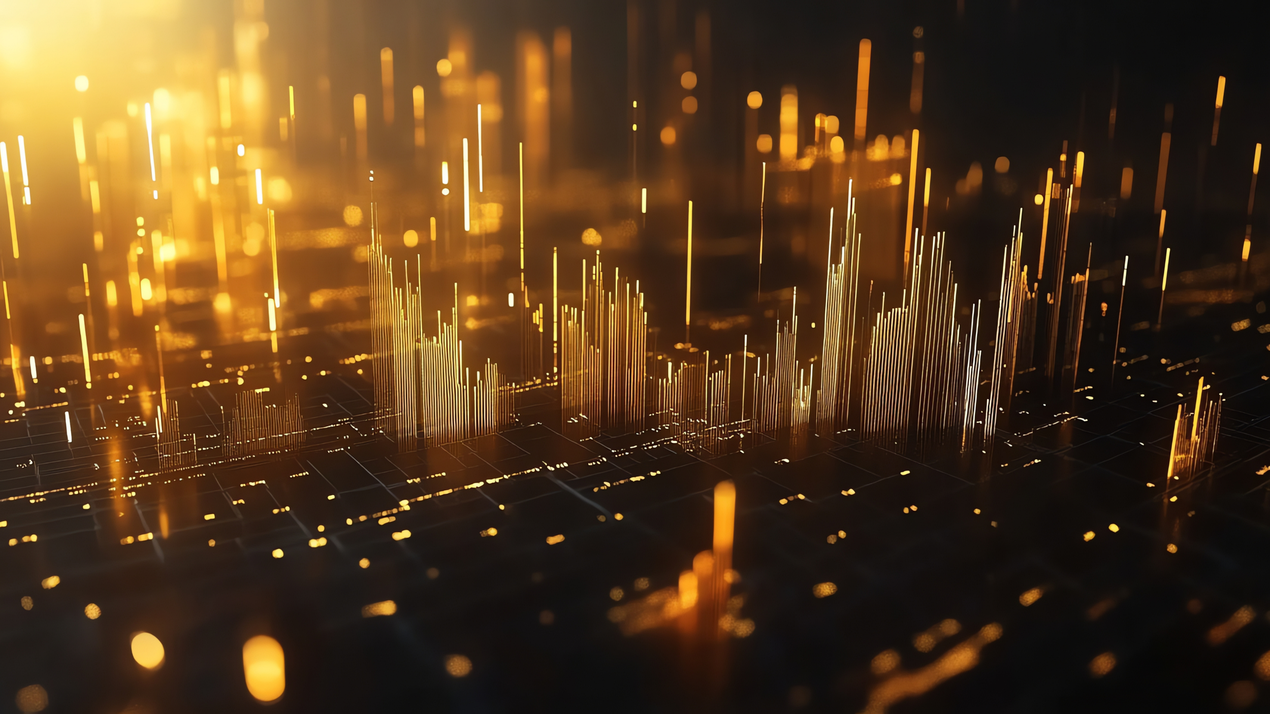 A digital visualization of a futuristic data graph with vertical gold and white lines of varying heights on a dark background.