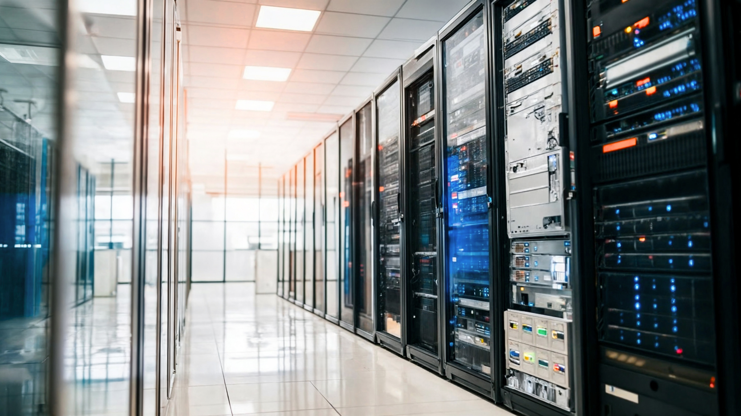 Server racks with glowing lights in a data center.
