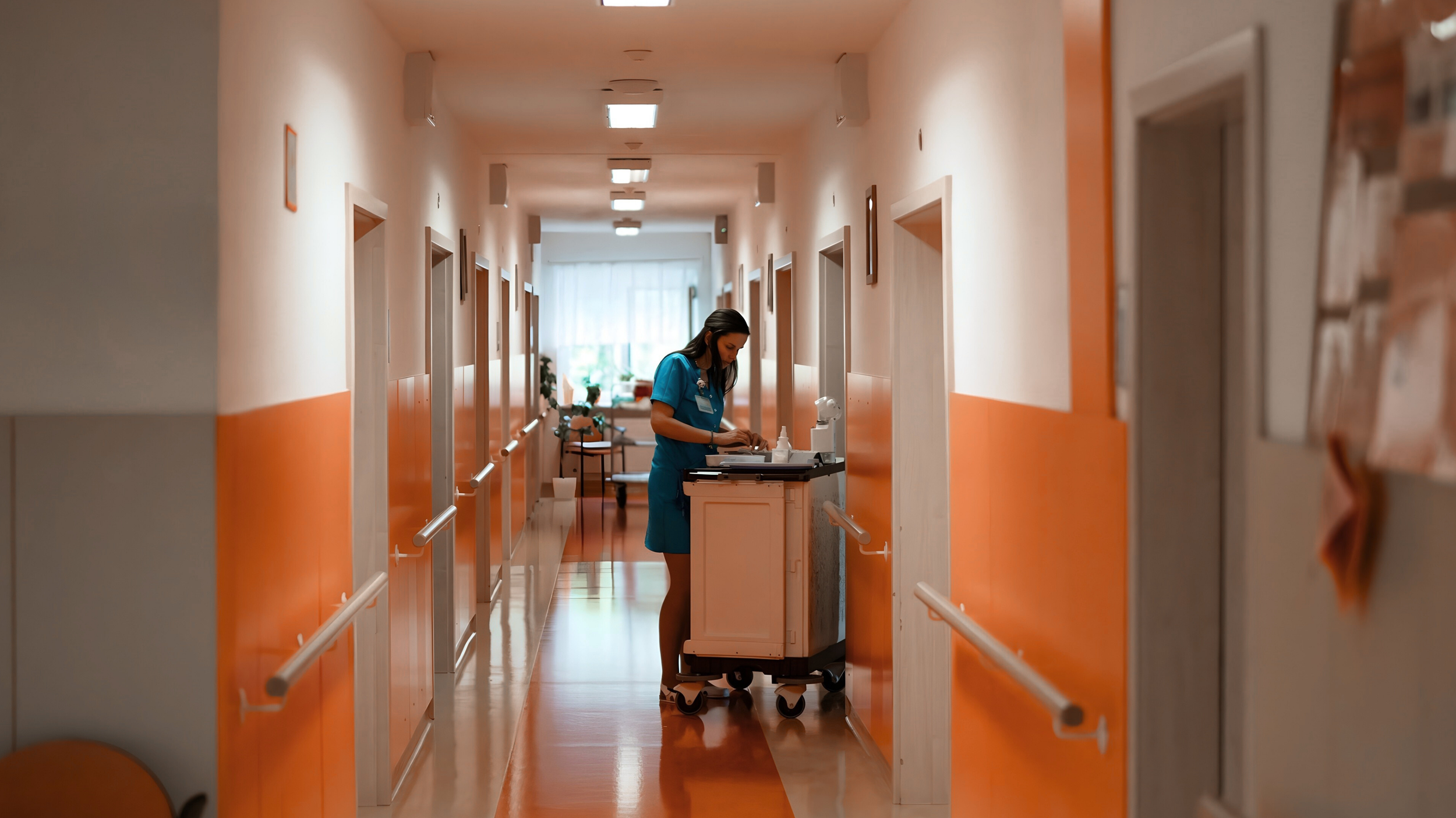 A nurse in blue scrubs is standing in a hospital corridor, writing on a clipboard at a mobile cart, with a window and plants in the background.