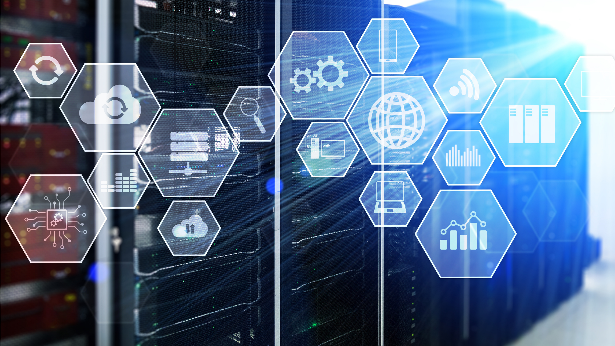 A data center with server racks and a digital overlay of interconnected hexagons with technology icons such as gears, cloud storage, data, cloud, globe, bar graphs, and gears.